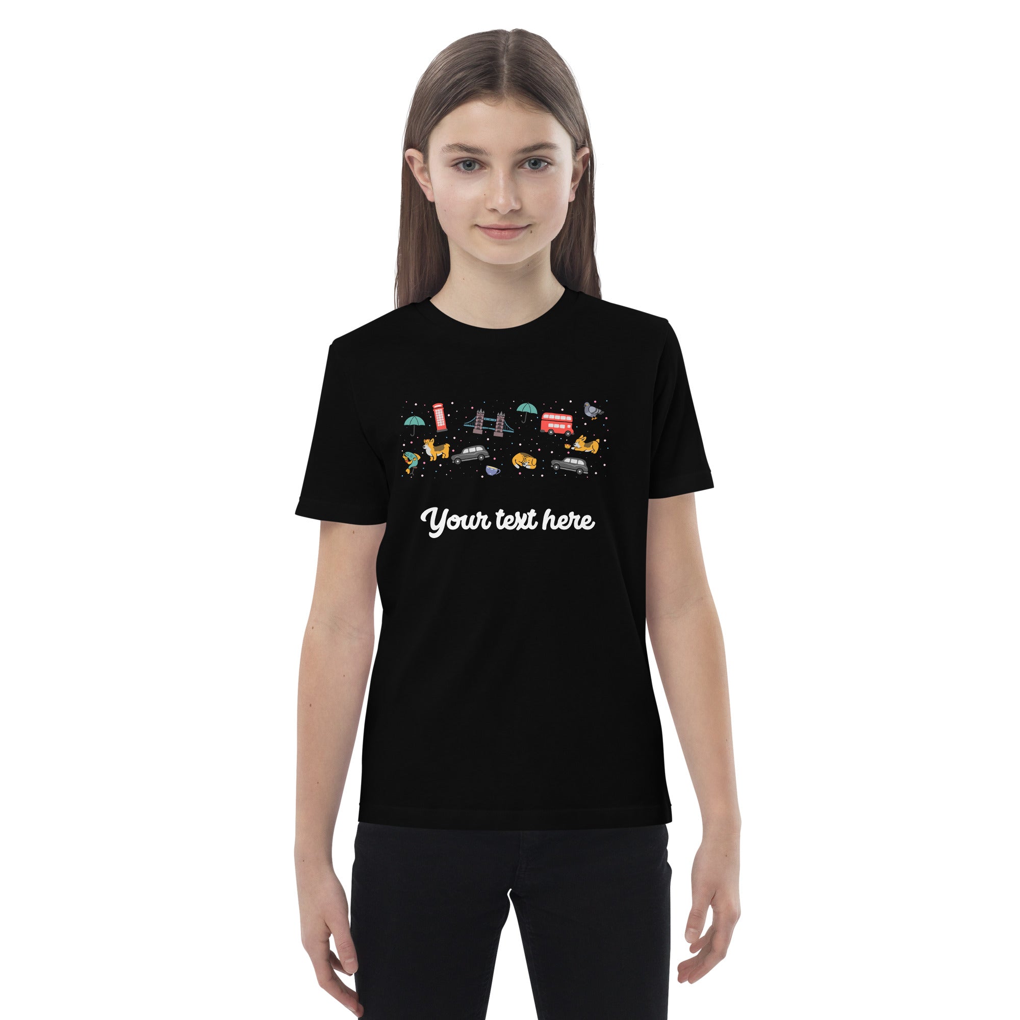 Personalised Custom Text - Organic Cotton Kids T-Shirt - London Doodles - Black 3