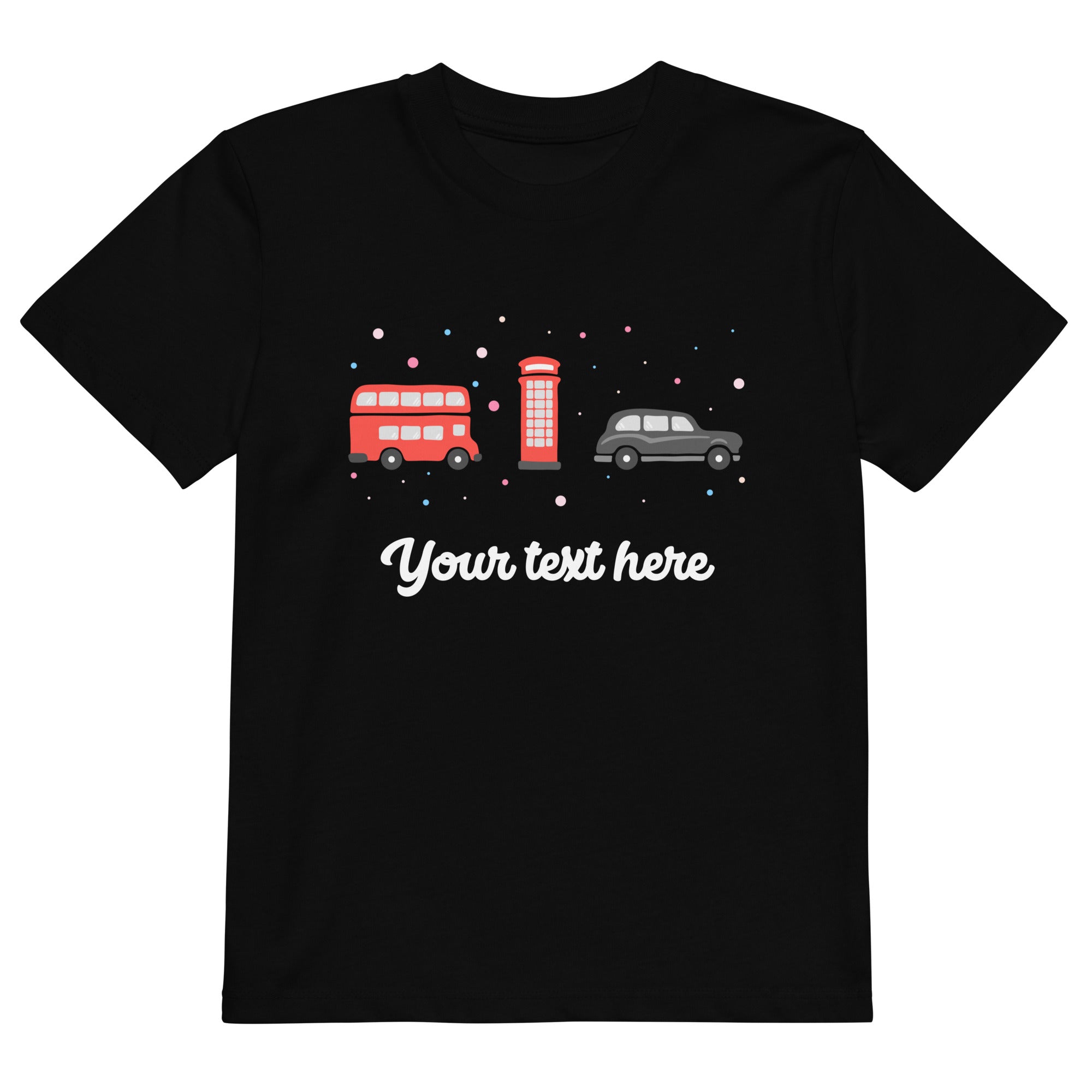 Personalised Custom Text - Organic Cotton Kids T-Shirt - London Doodles - Bus / Telephone / Taxi - Black 1