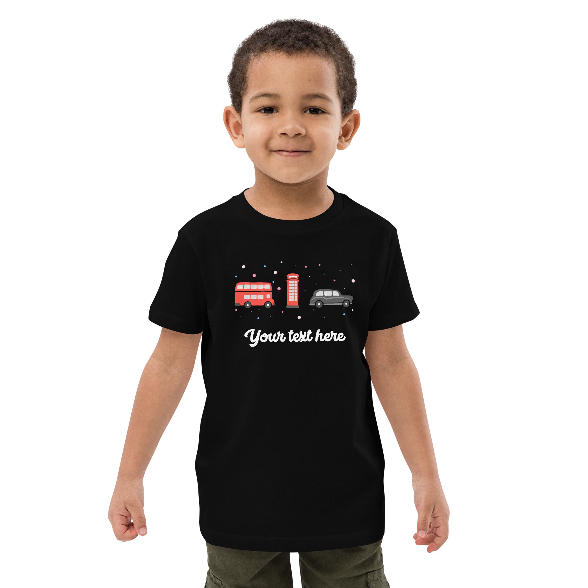 Personalised Custom Text - Organic Cotton Kids T-Shirt - London Doodles - Bus / Telephone / Taxi - Black 2