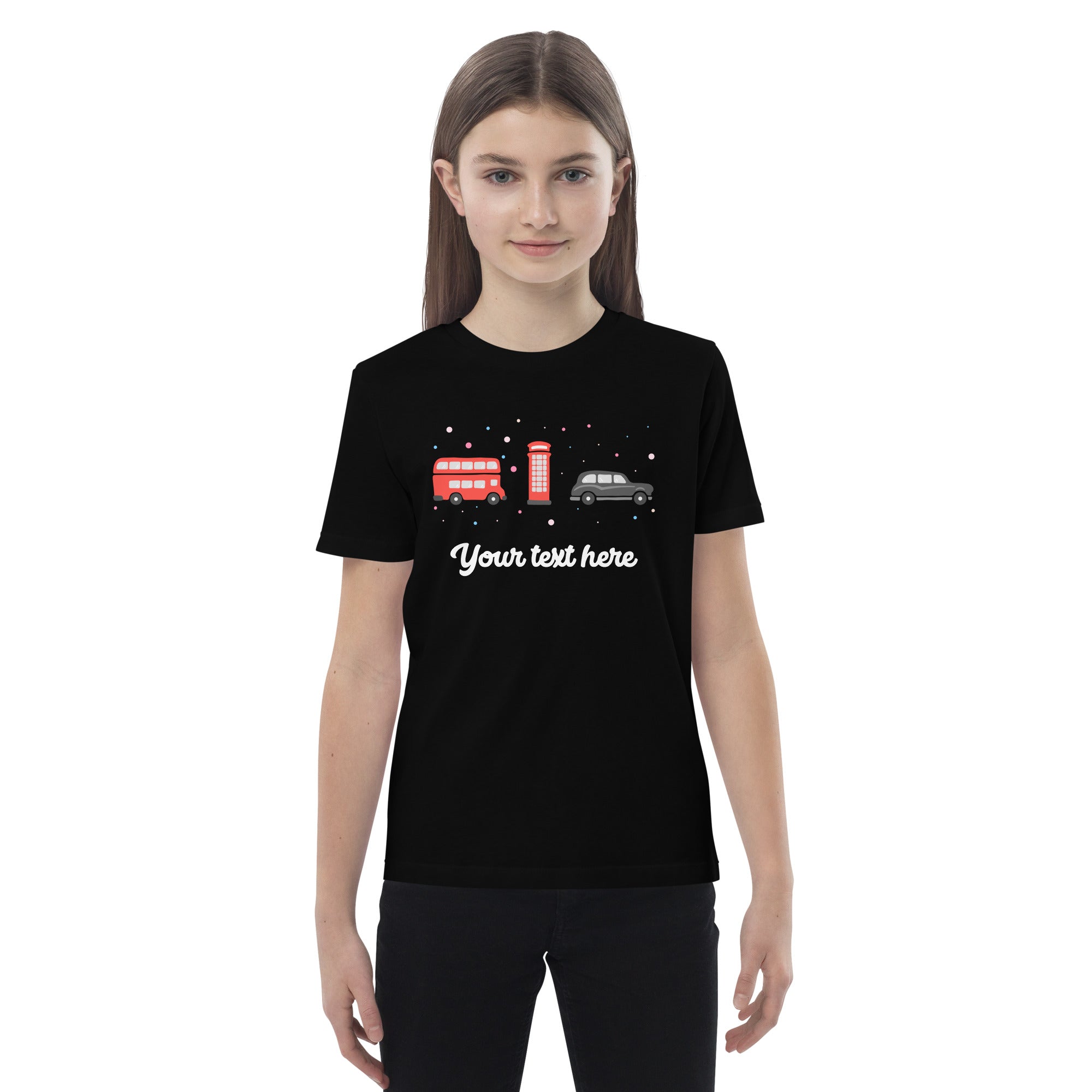 Personalised Custom Text - Organic Cotton Kids T-Shirt - London Doodles - Bus / Telephone / Taxi - Black 3