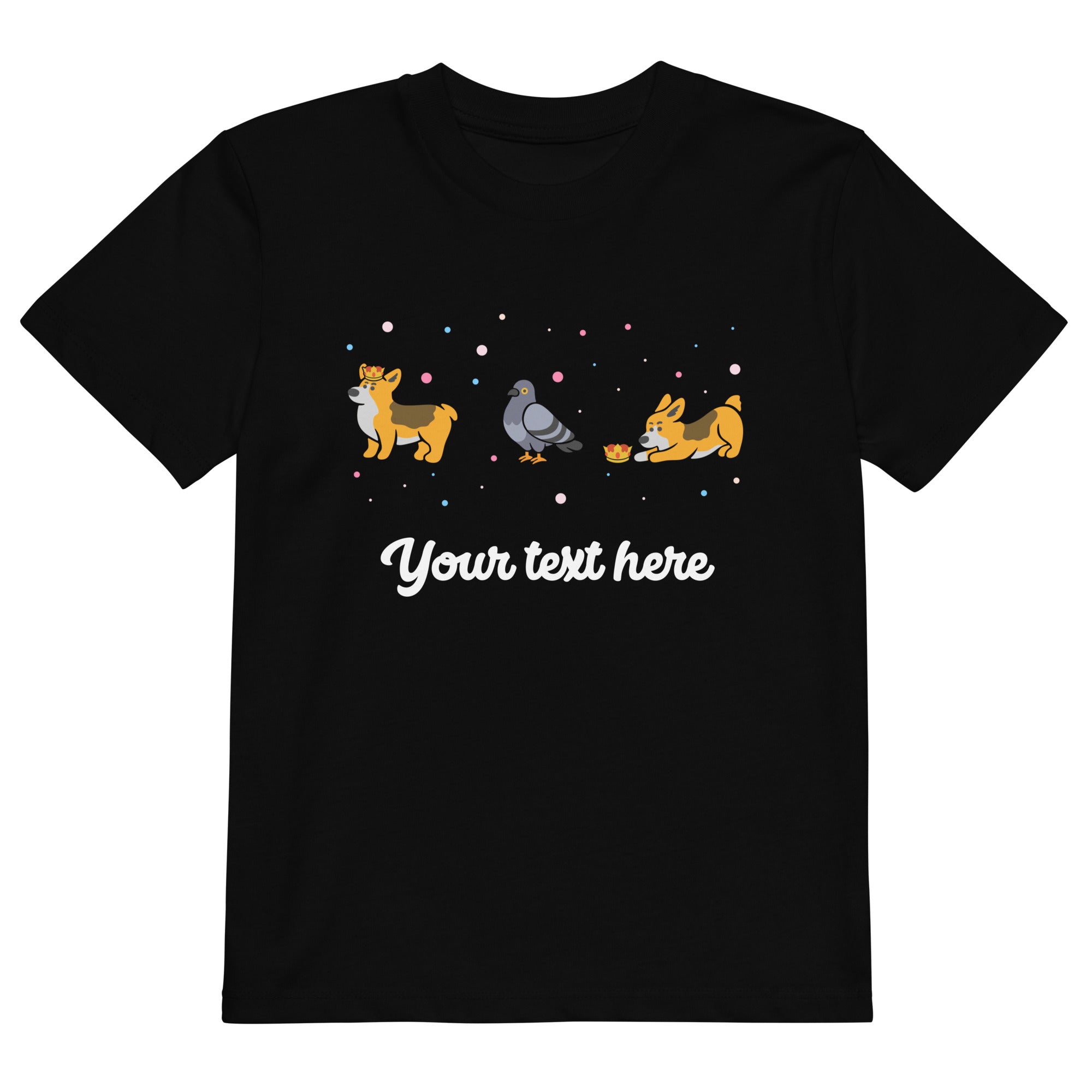 Personalised Custom Text - Organic Cotton Kids T-Shirt - London Doodles - Pigeons & Corgis - Black 1