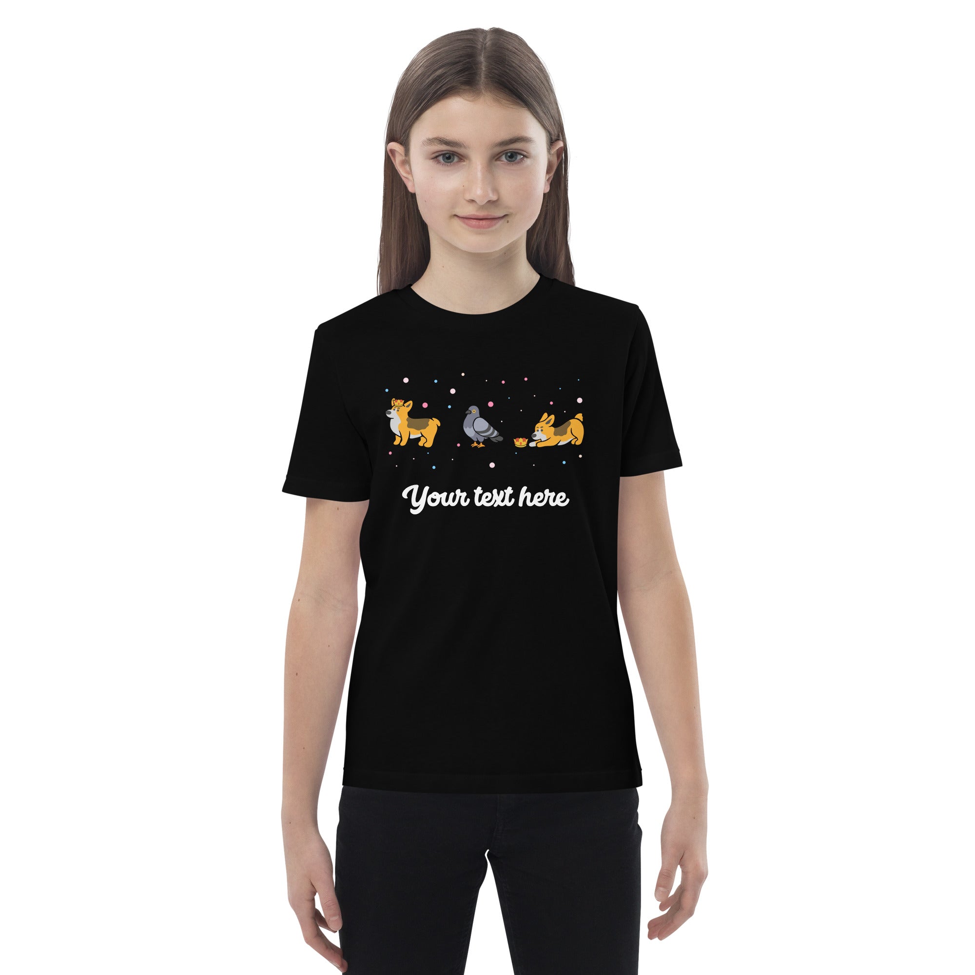 Personalised Custom Text - Organic Cotton Kids T-Shirt - London Doodles - Pigeons & Corgis - Black 3