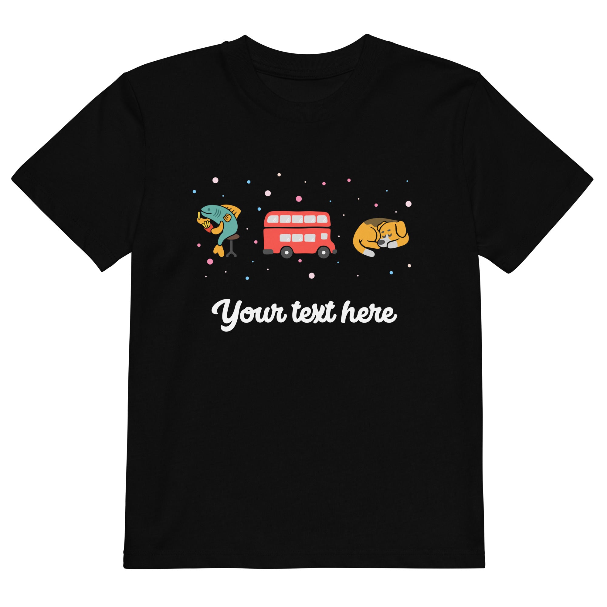 Personalised Custom Text - Organic Cotton Kids T-Shirt - London Doodles - Fish & Chips / Bus / Corgi - Black 1