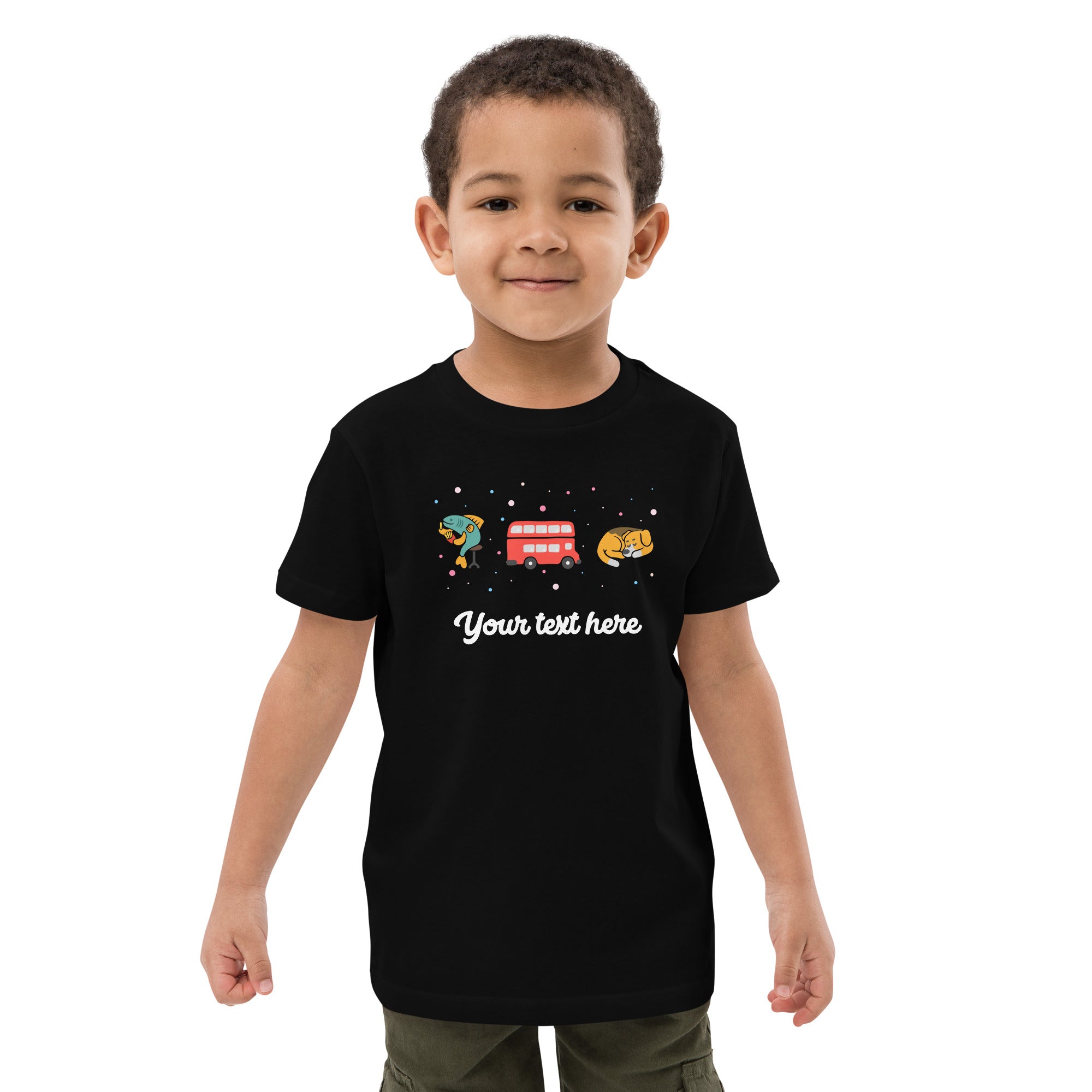 Personalised Custom Text - Organic Cotton Kids T-Shirt - London Doodles - Fish & Chips / Bus / Corgi - Black 2