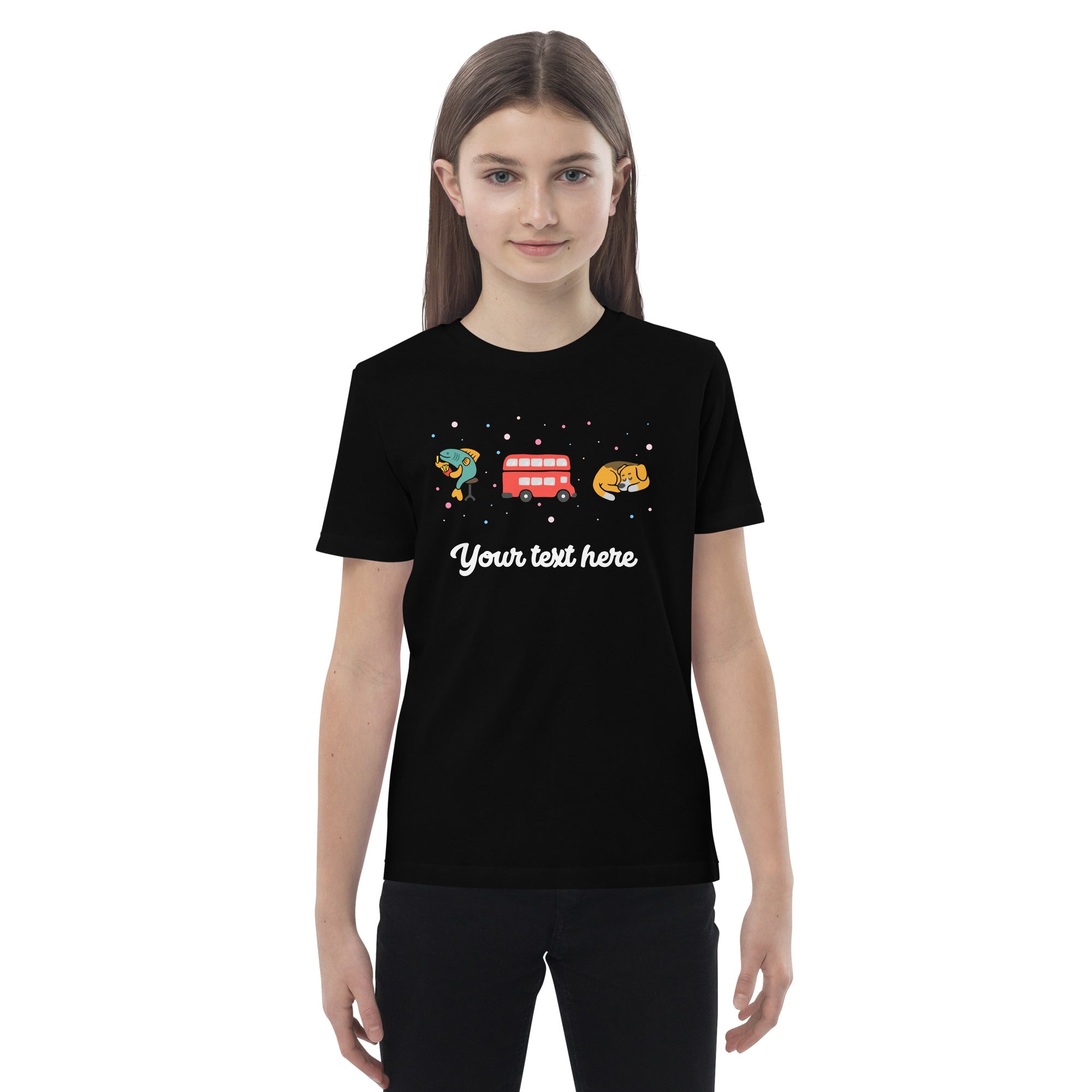Personalised Custom Text - Organic Cotton Kids T-Shirt - London Doodles - Fish & Chips / Bus / Corgi - Black 3