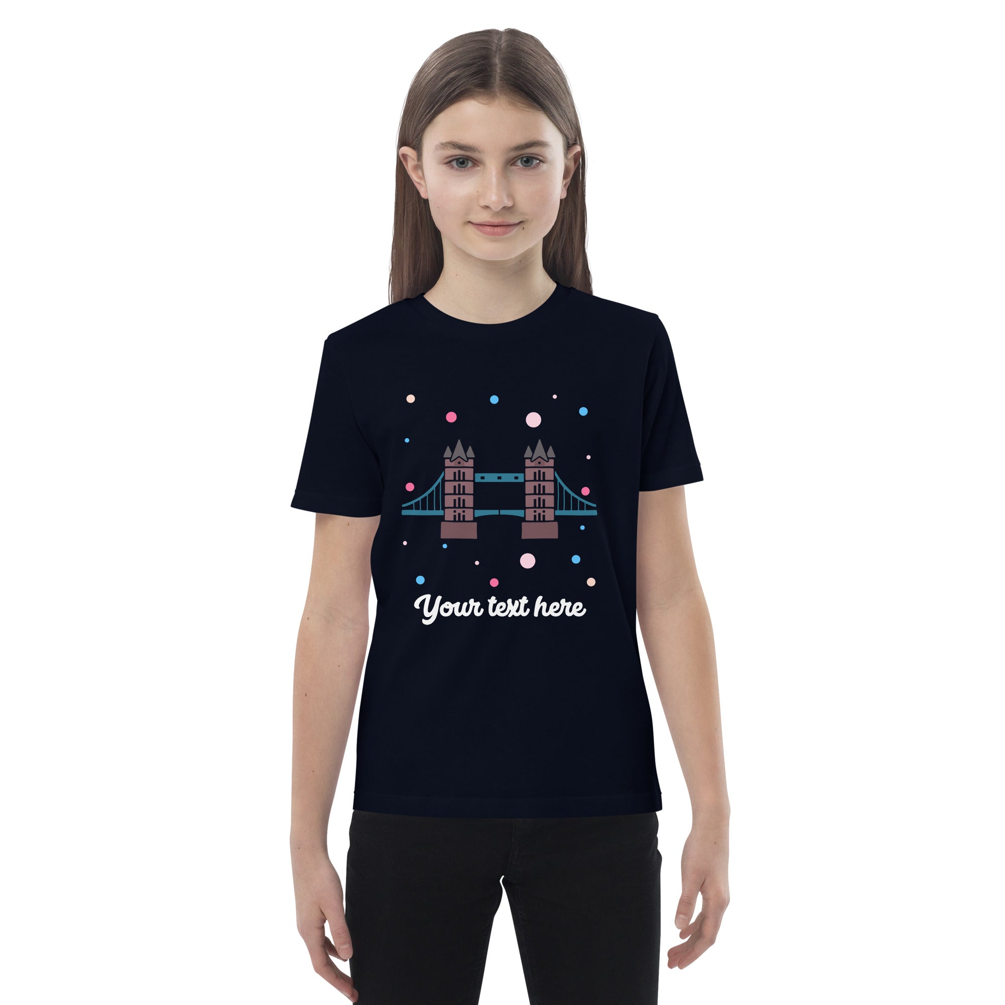 Personalised Custom Text - Organic Cotton Kids T-Shirt - London Doodles - Tower Bridge - Navy 3
