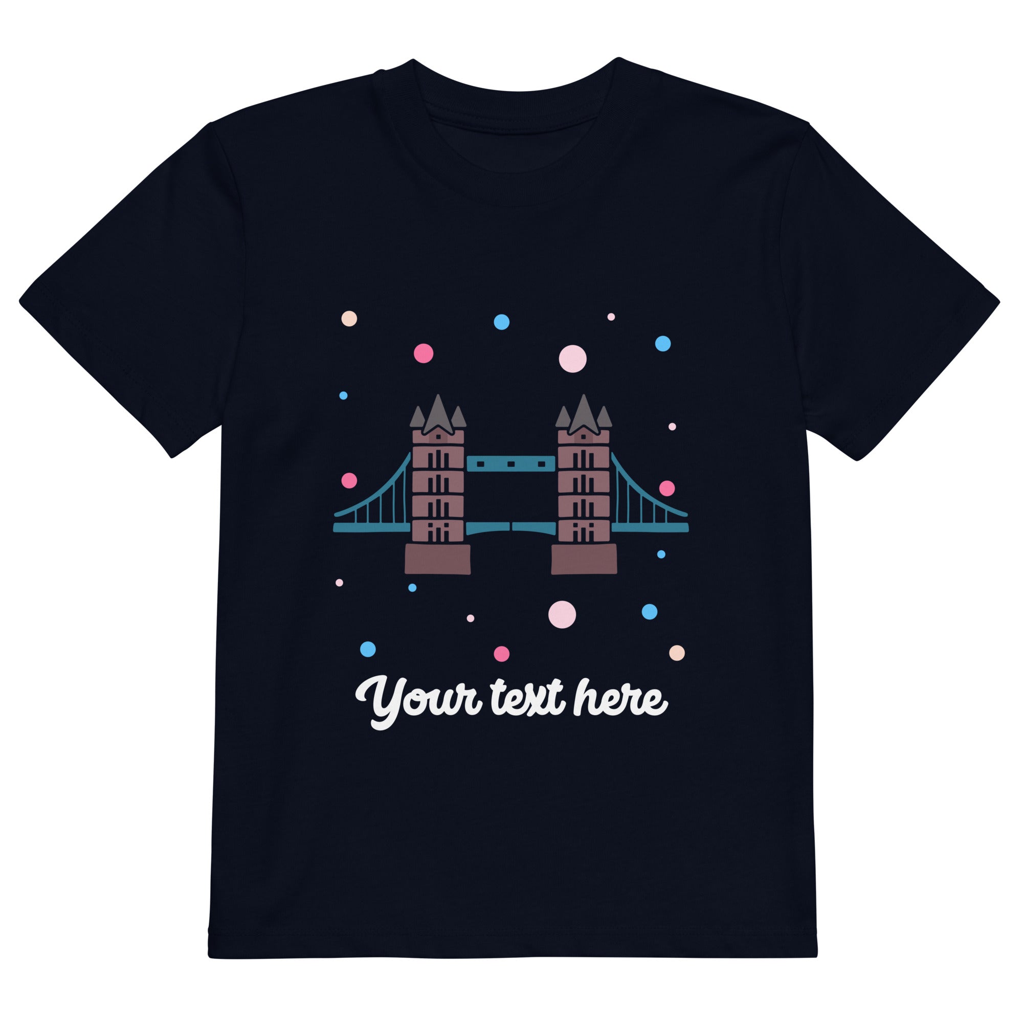 Personalised Custom Text - Organic Cotton Kids T-Shirt - London Doodles - Tower Bridge - Navy 1
