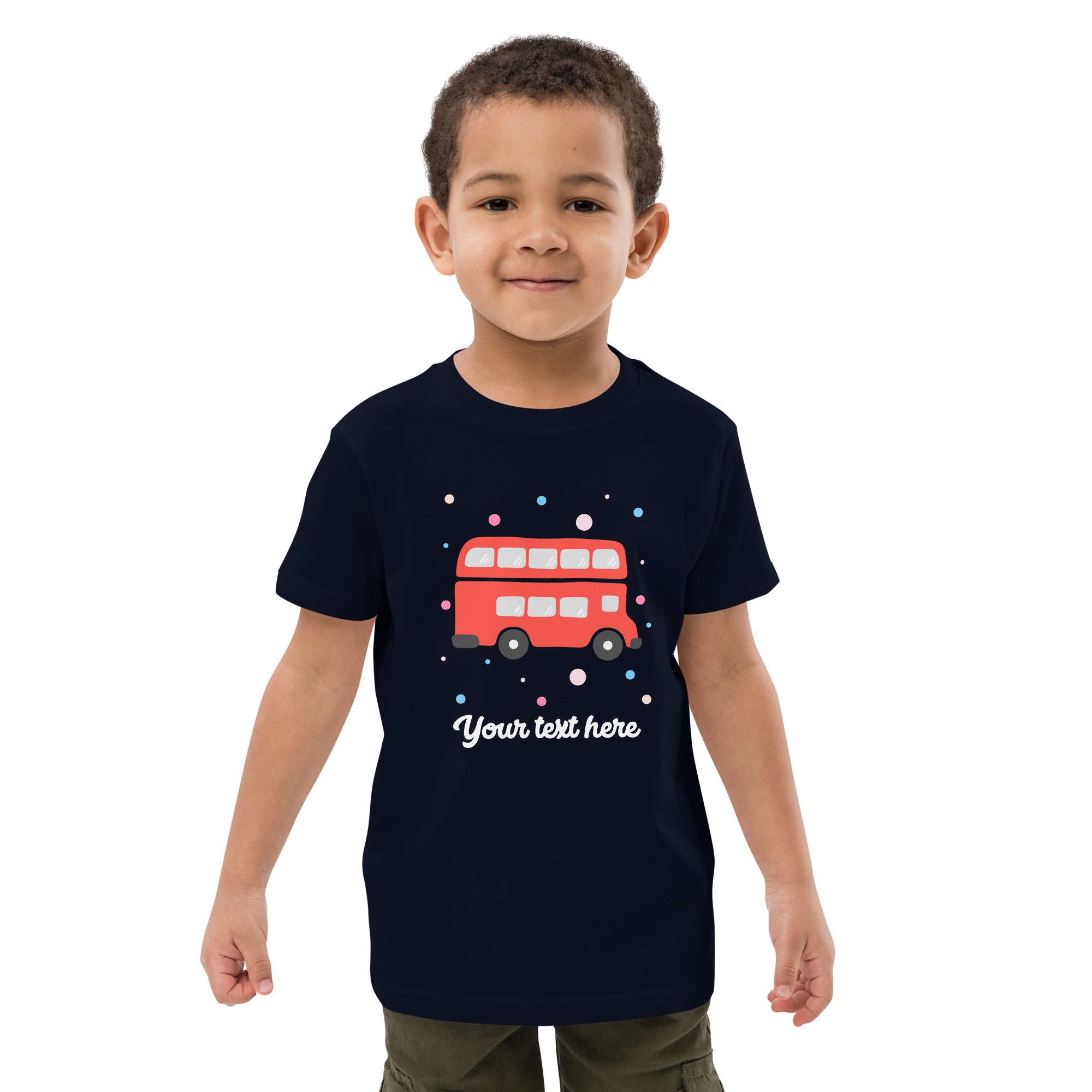 Personalised Custom Text - Organic Cotton Kids T-Shirt - London Doodles - Red Bus - Navy 2