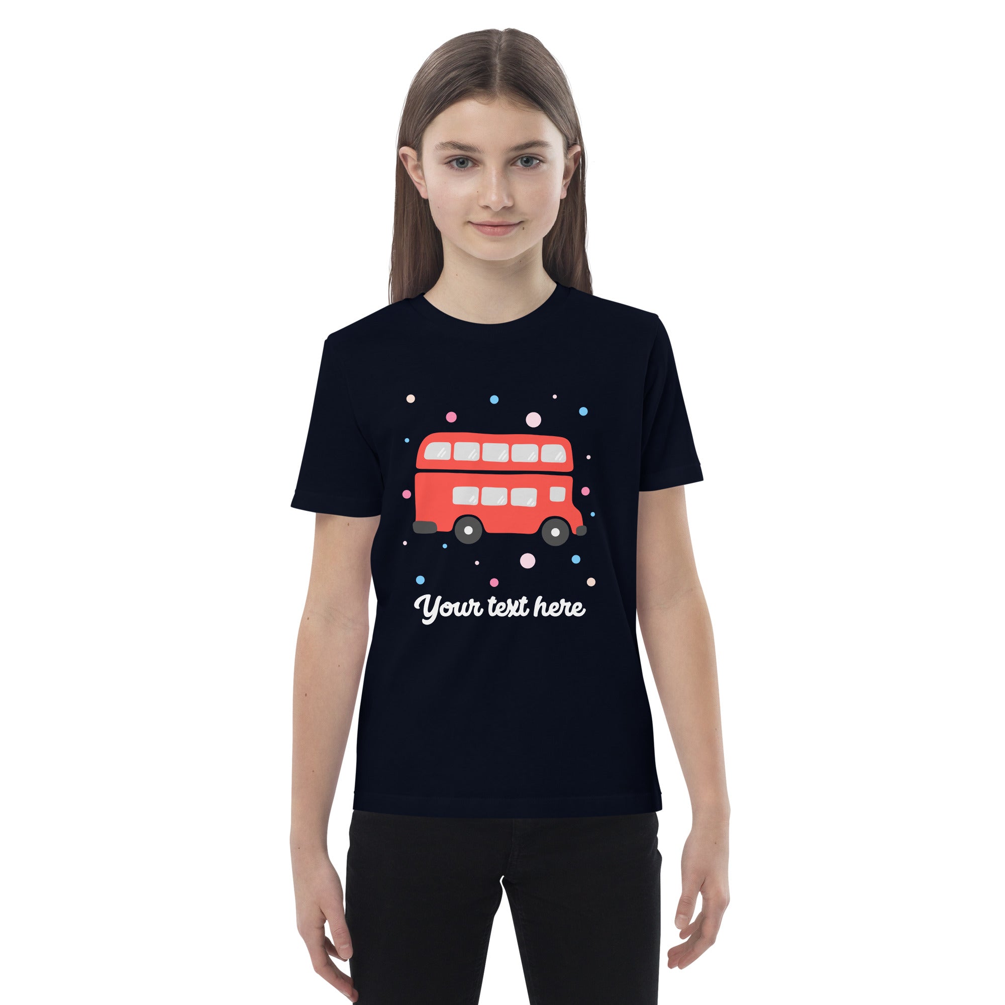 Personalised Custom Text - Organic Cotton Kids T-Shirt - London Doodles - Red Bus - Navy 3