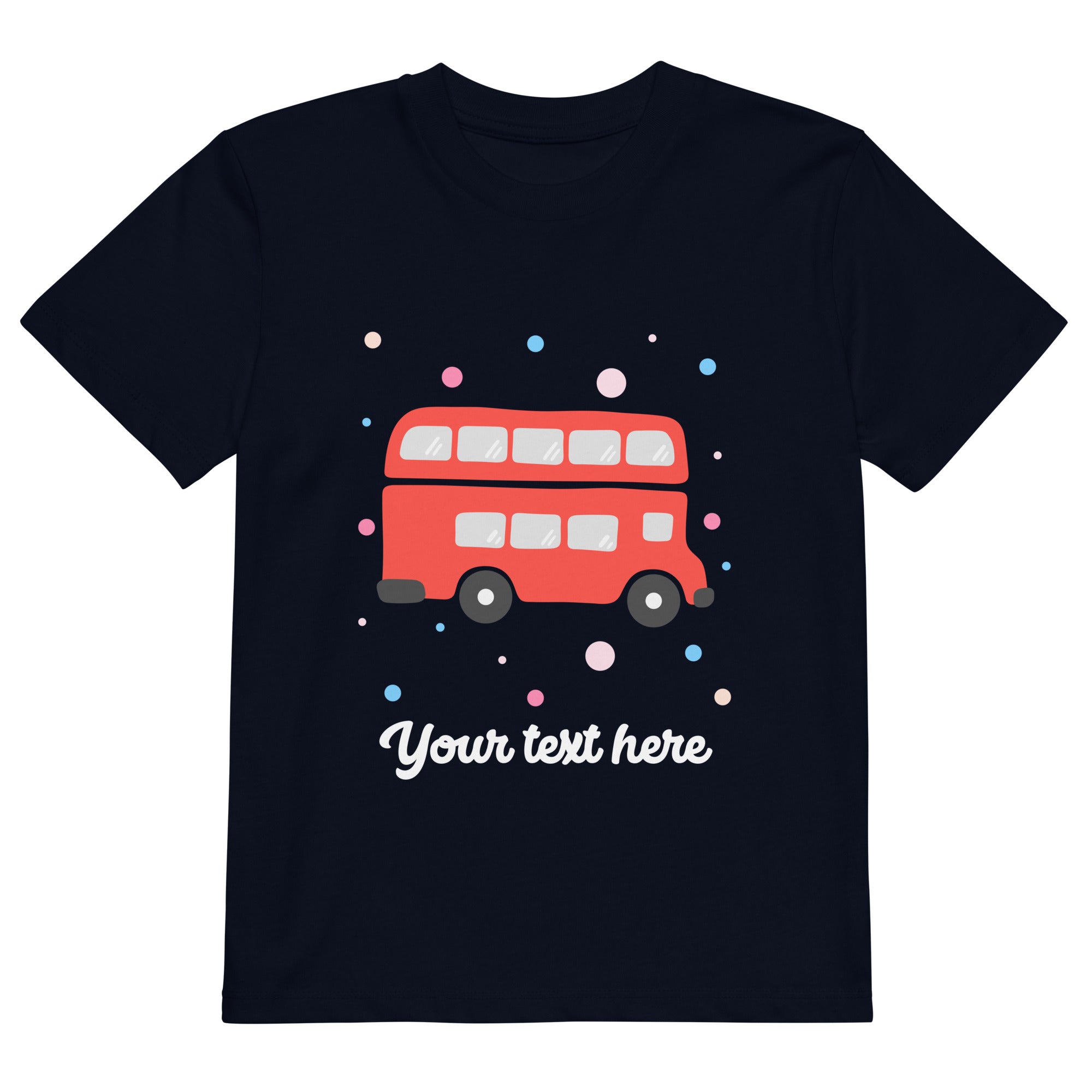Personalised Custom Text - Organic Cotton Kids T-Shirt - London Doodles - Red Bus - Navy 1