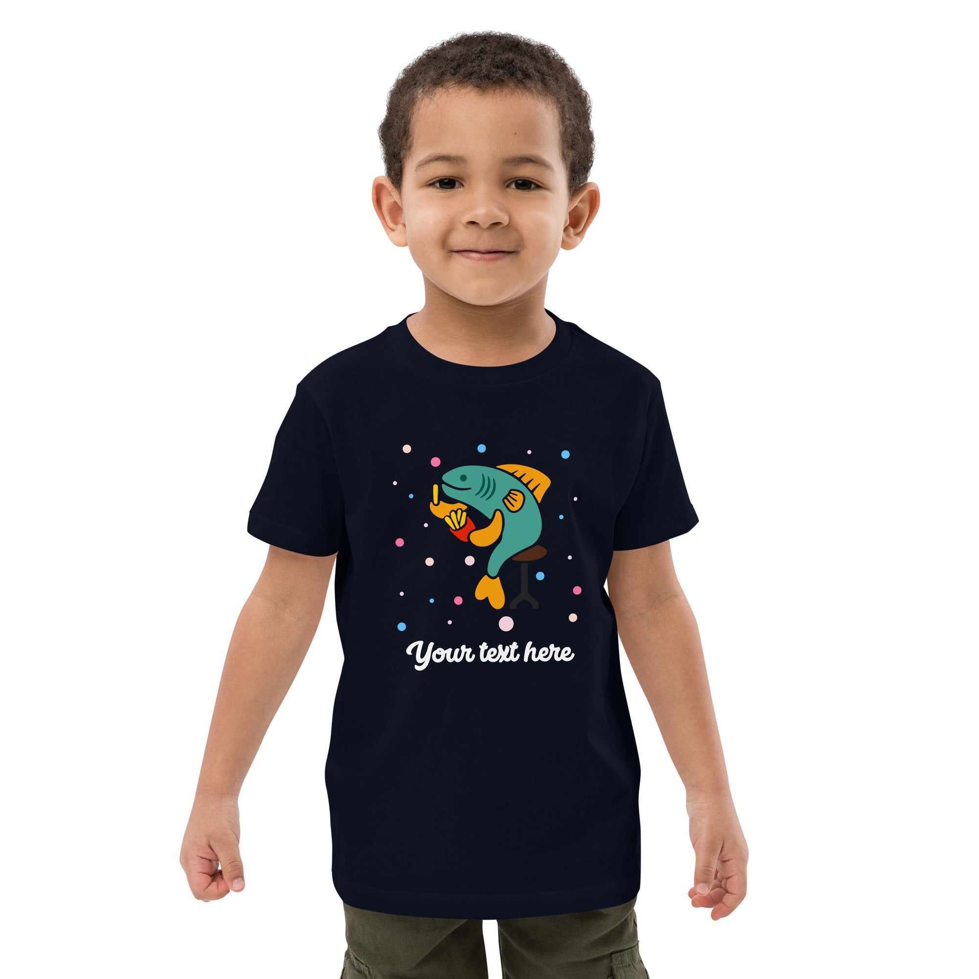 Personalised Custom Text - Organic Cotton Kids T-Shirt - London Doodles - Fish & Chips - Navy 2
