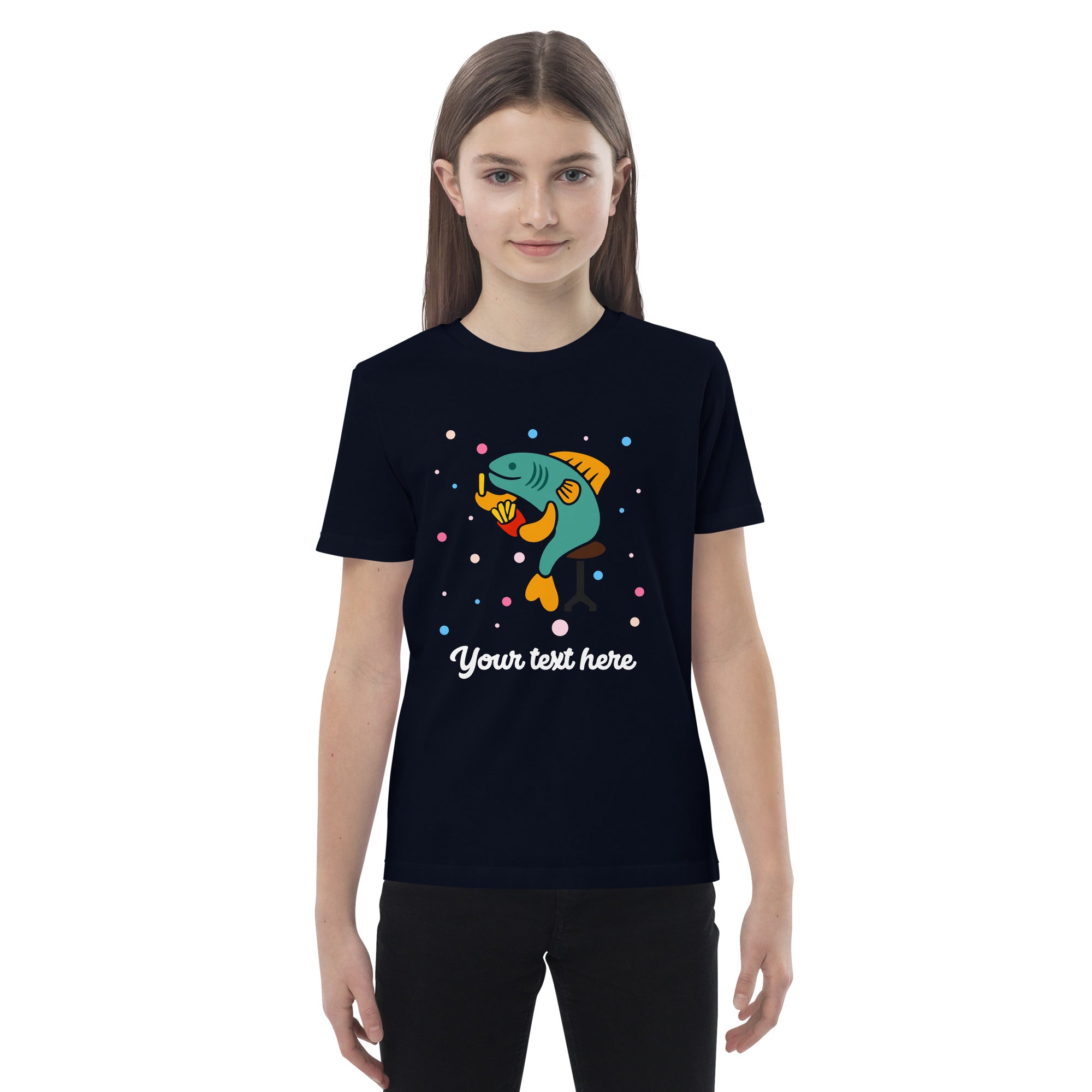 Personalised Custom Text - Organic Cotton Kids T-Shirt - London Doodles - Fish & Chips - Navy 3