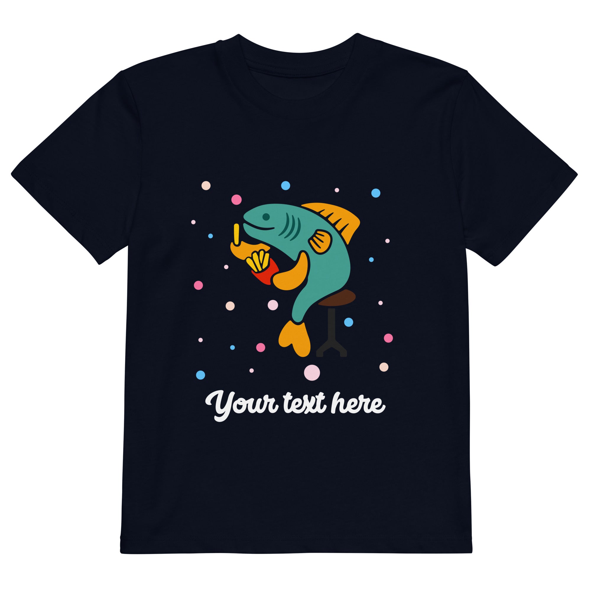 Personalised Custom Text - Organic Cotton Kids T-Shirt - London Doodles - Fish & Chips - Navy 1