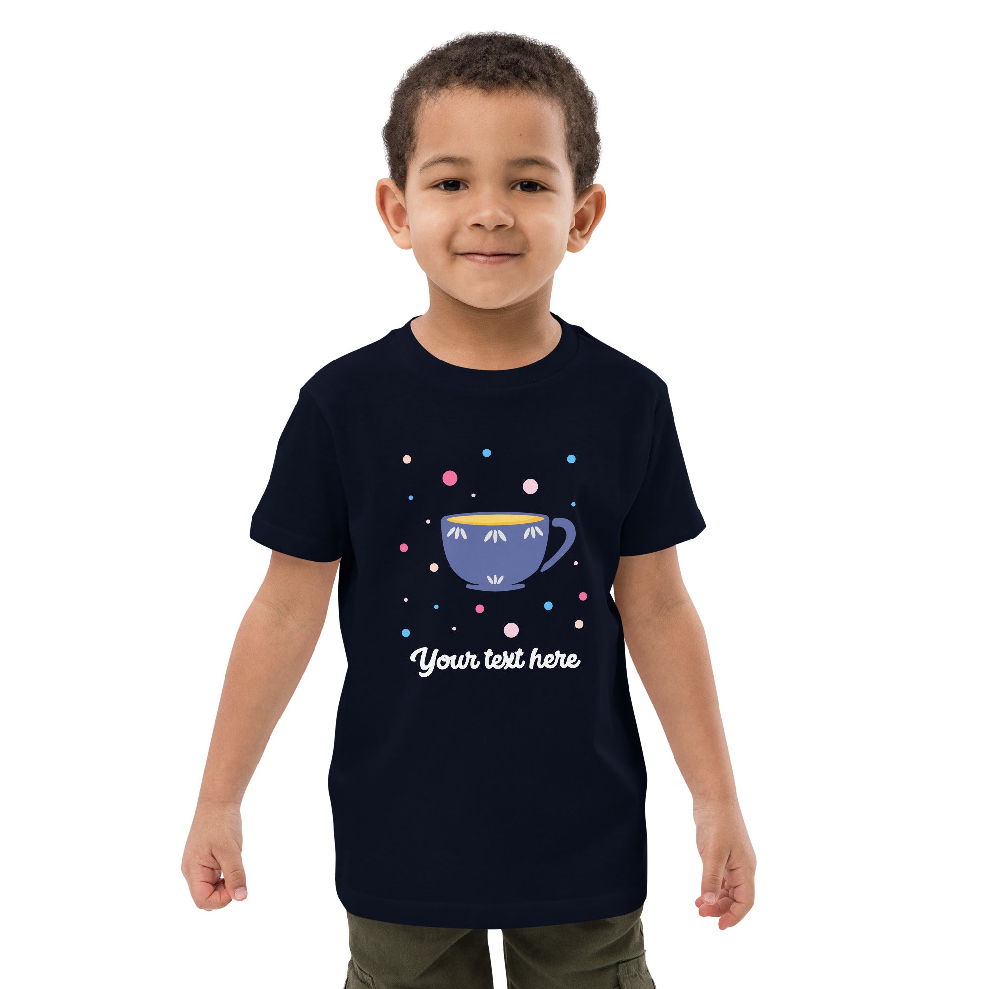 Personalised Custom Text - Organic Cotton Kids T-Shirt - London Doodles - Cup Of Tea - Navy 2