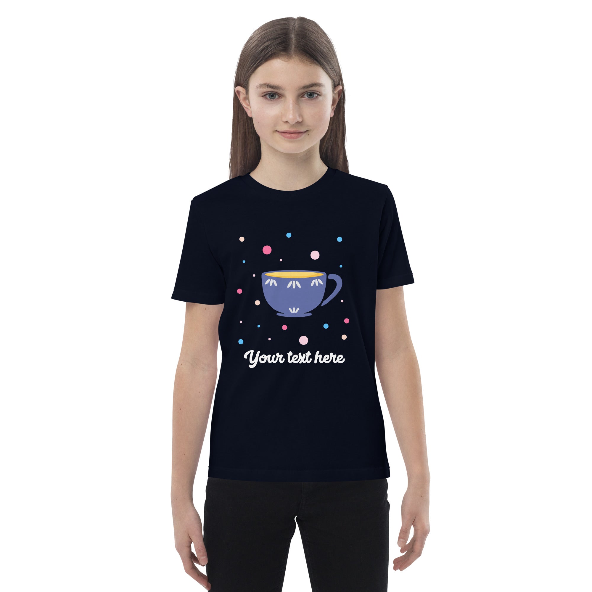 Personalised Custom Text - Organic Cotton Kids T-Shirt - London Doodles - Cup Of Tea - Navy 3