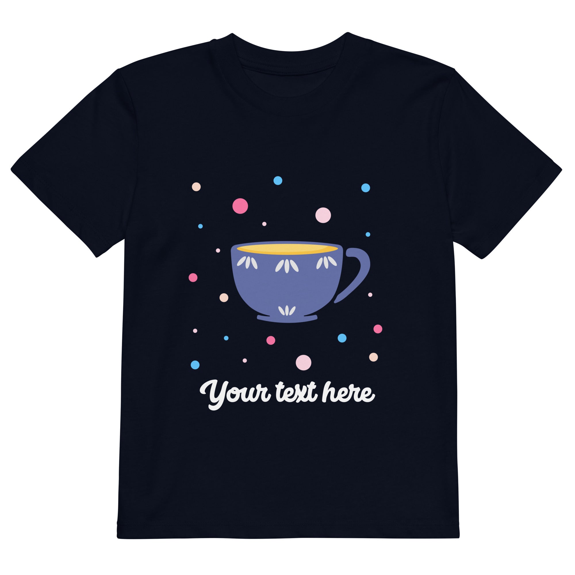 Personalised Custom Text - Organic Cotton Kids T-Shirt - London Doodles - Cup Of Tea - Navy 1