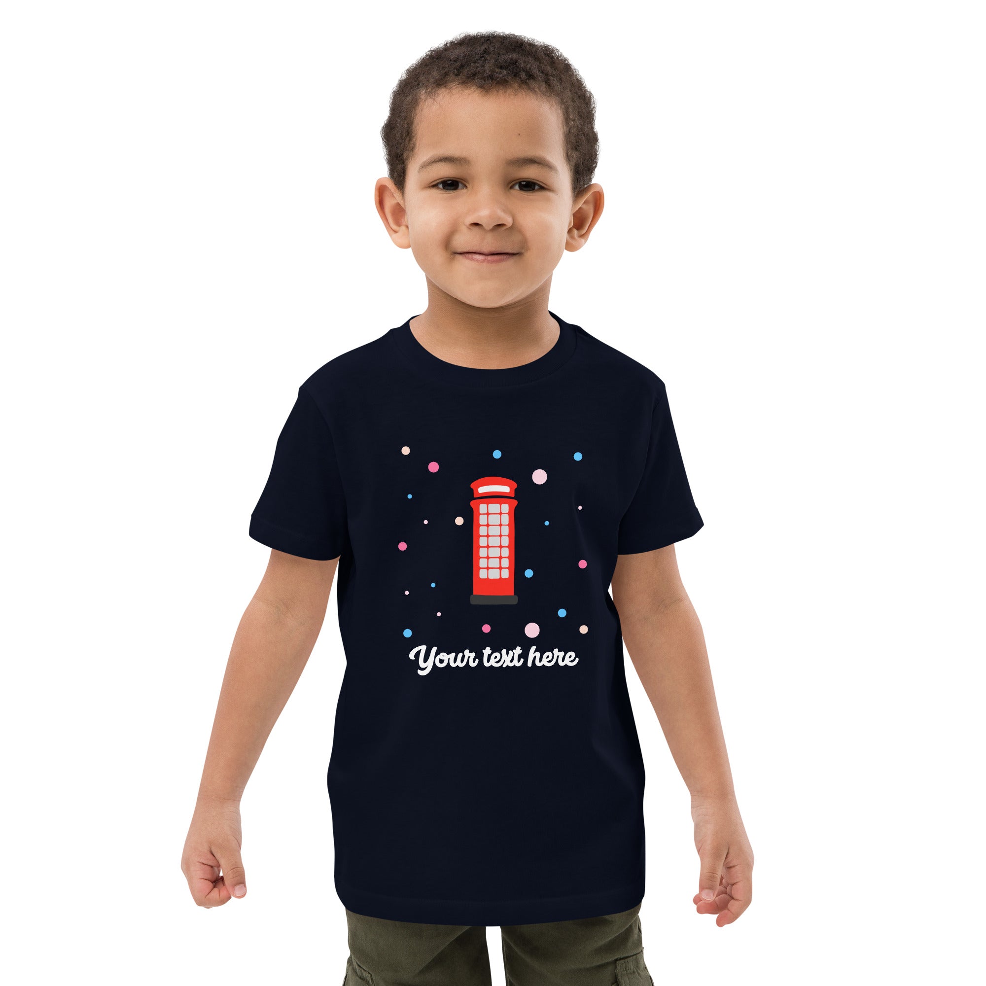 Personalised Custom Text - Organic Cotton Kids T-Shirt - London Doodles - Telephone Box - Navy 2