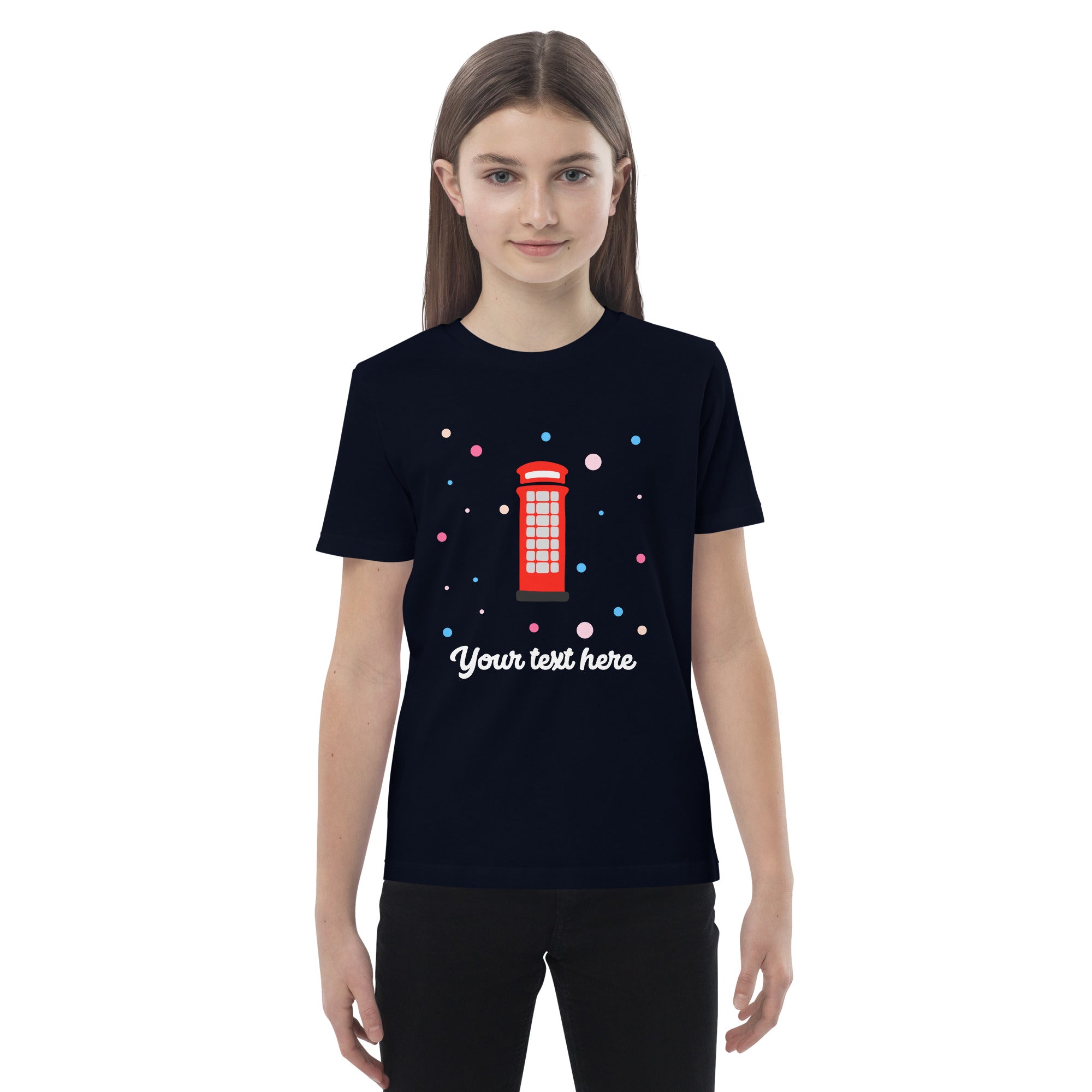 Personalised Custom Text - Organic Cotton Kids T-Shirt - London Doodles - Telephone Box - Navy 3
