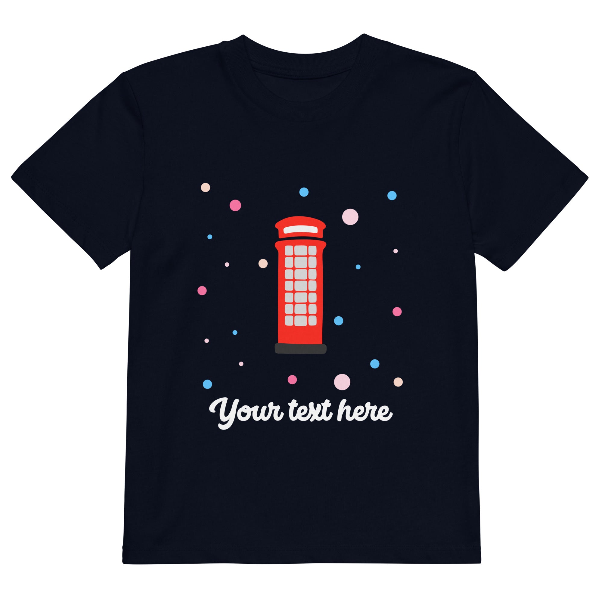 Personalised Custom Text - Organic Cotton Kids T-Shirt - London Doodles - Telephone Box - Navy 1