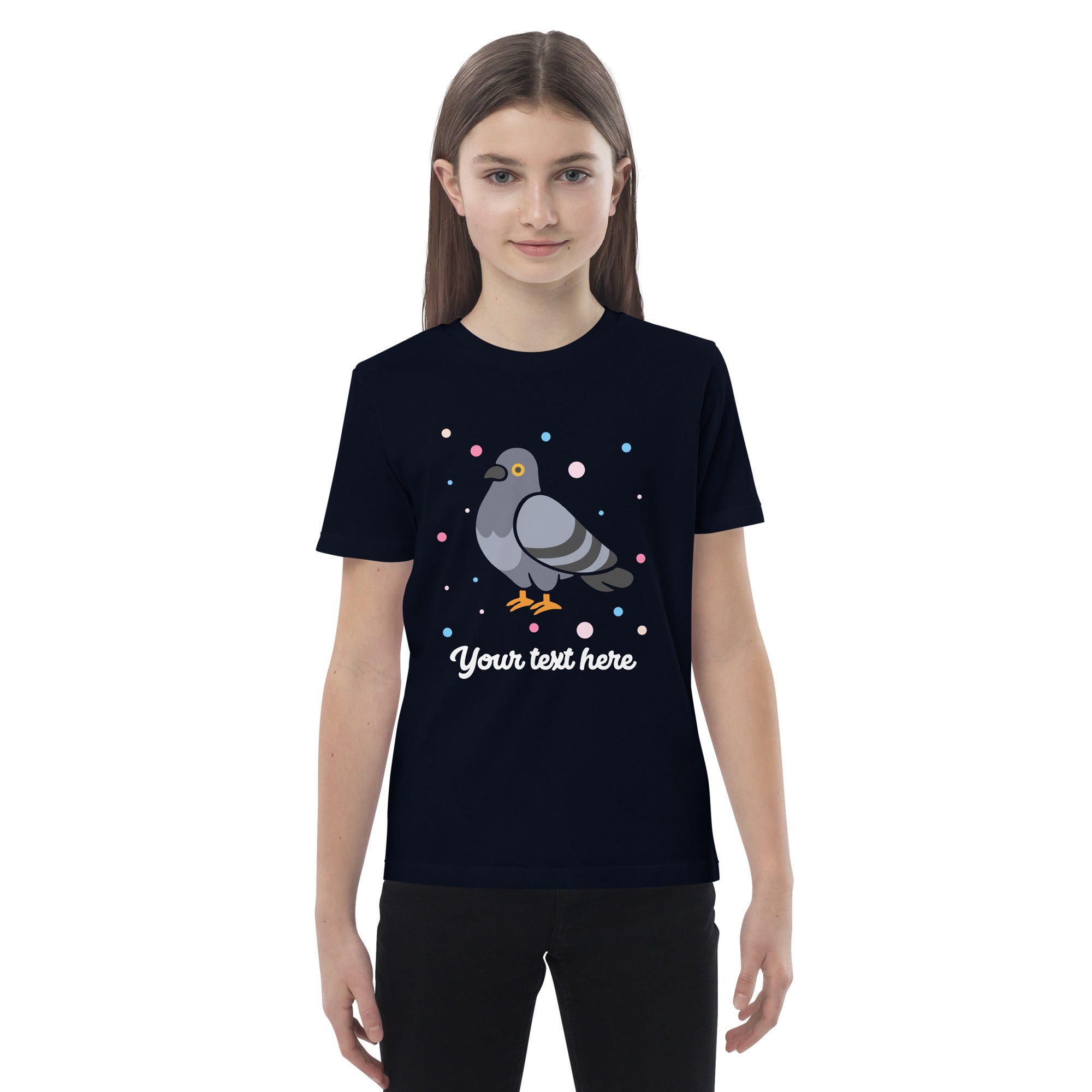 Personalised Custom Text - Organic Cotton Kids T-Shirt - London Doodles - Pigeon - Navy 3