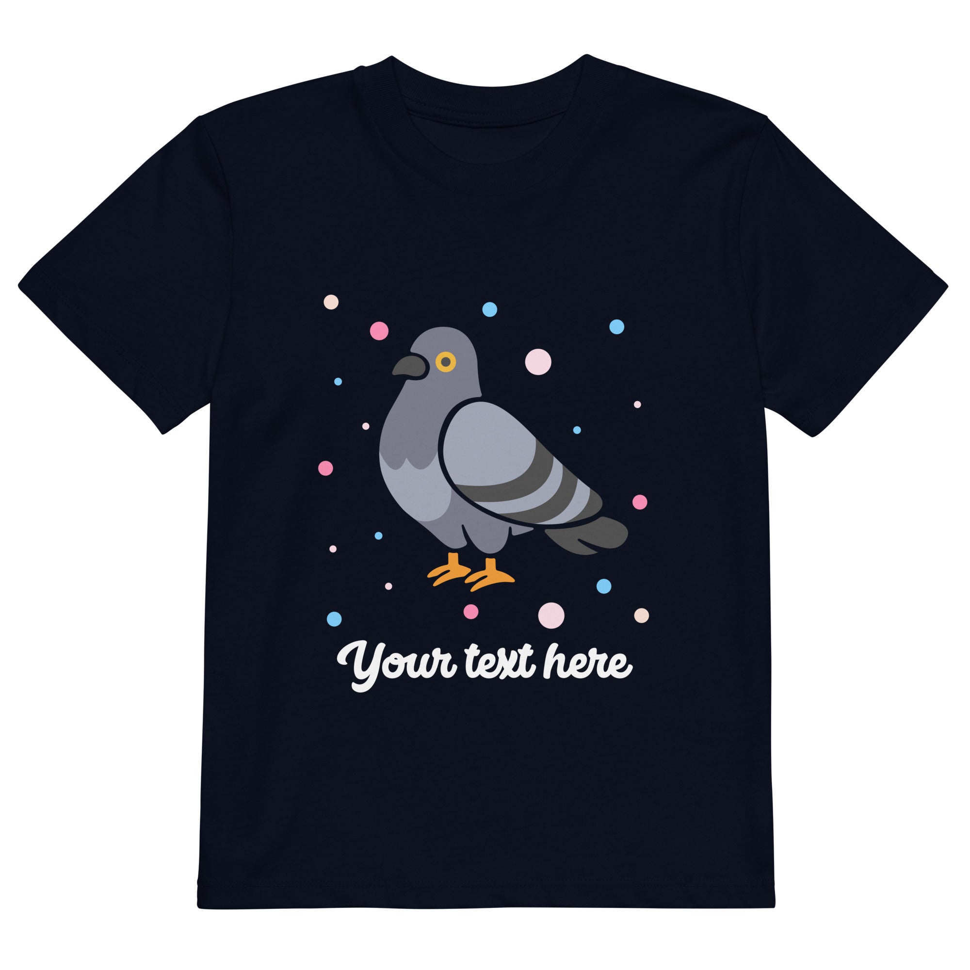 Personalised Custom Text - Organic Cotton Kids T-Shirt - London Doodles - Pigeon - Navy 1