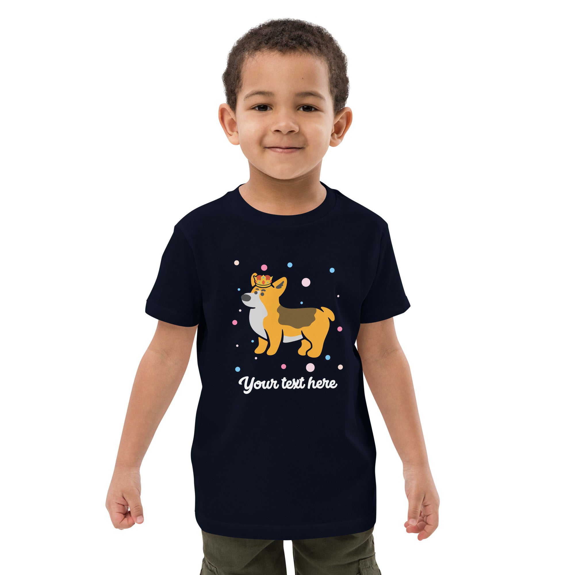 Personalised Custom Text - Organic Cotton Kids T-Shirt - London Doodles - Royal Corgi - Navy 2