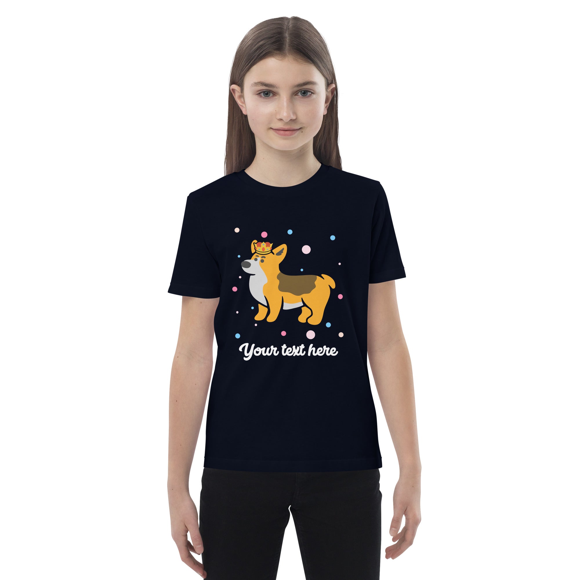 Personalised Custom Text - Organic Cotton Kids T-Shirt - London Doodles - Royal Corgi - Navy 3