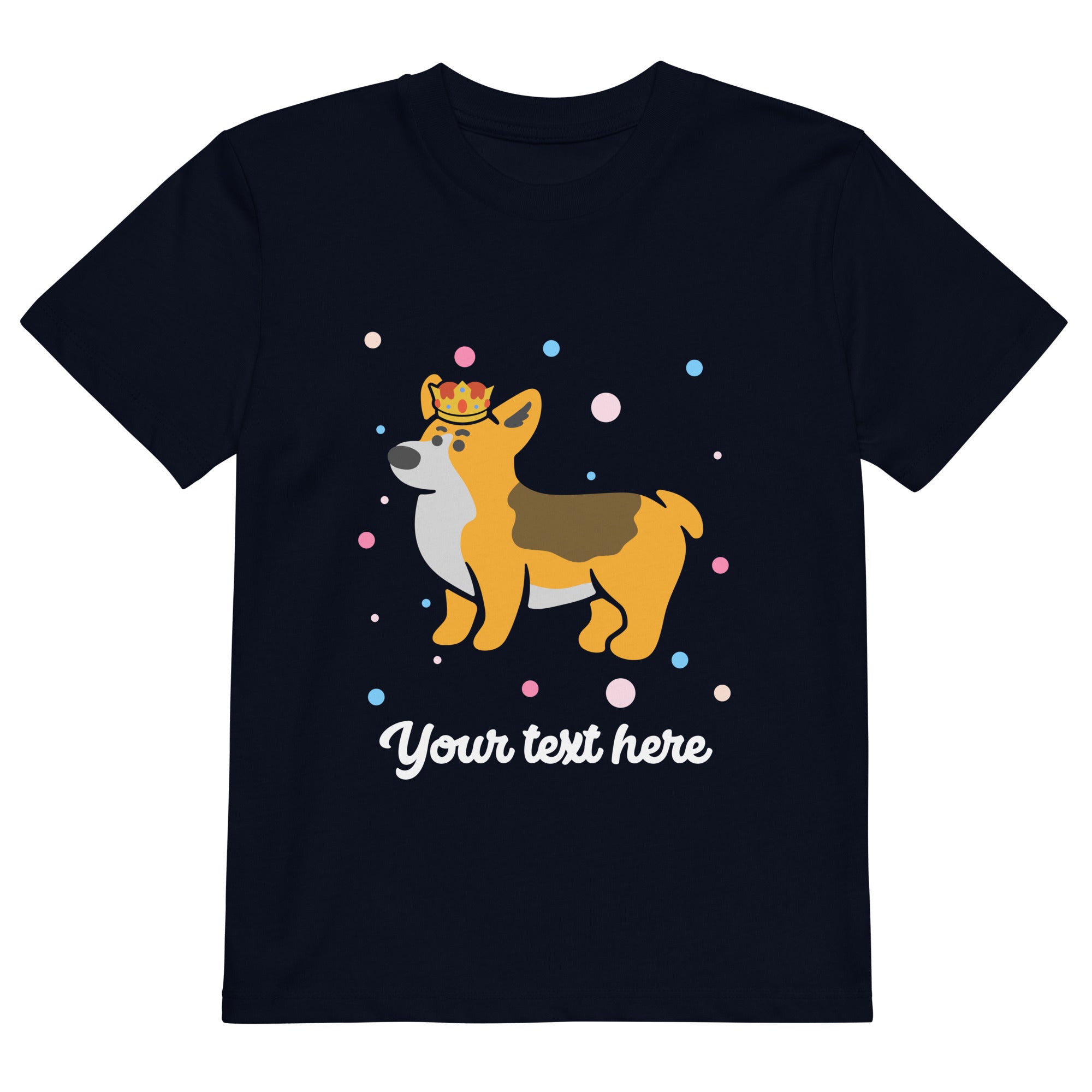 Personalised Custom Text - Organic Cotton Kids T-Shirt - London Doodles - Royal Corgi - Navy 1