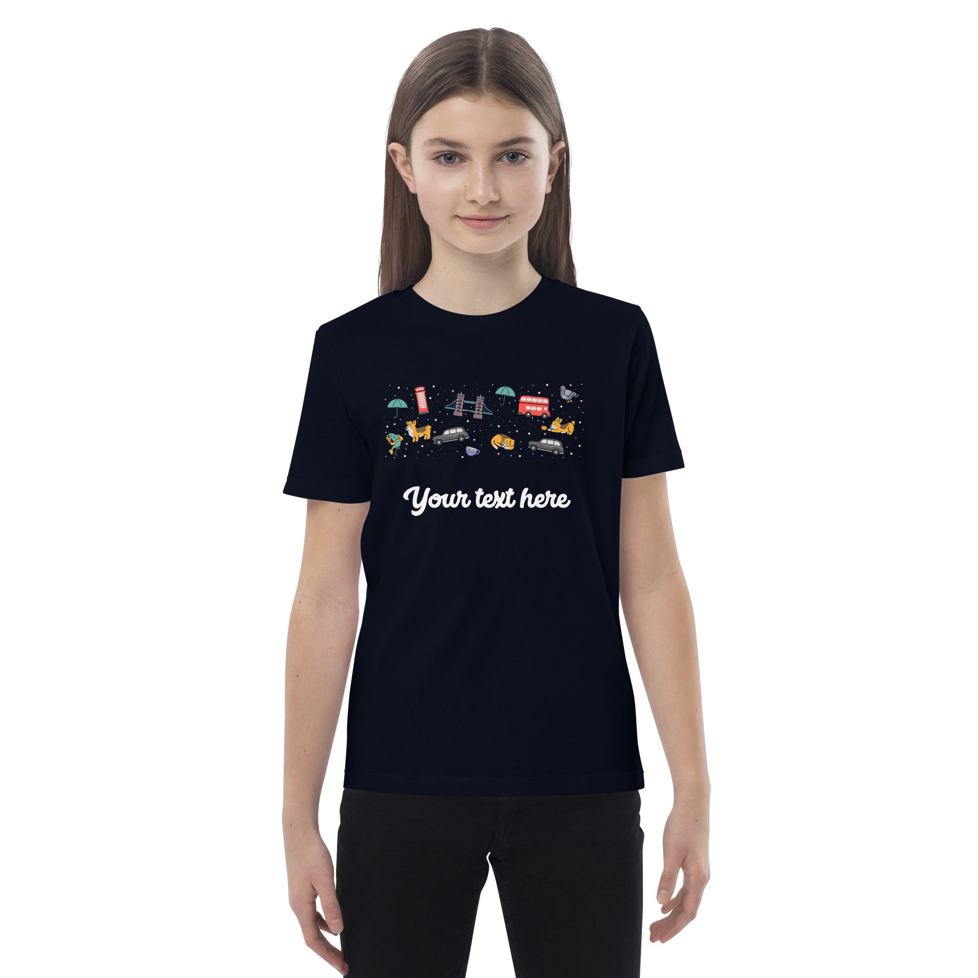 Personalised Custom Text - Organic Cotton Kids T-Shirt - London Doodles - Navy 3