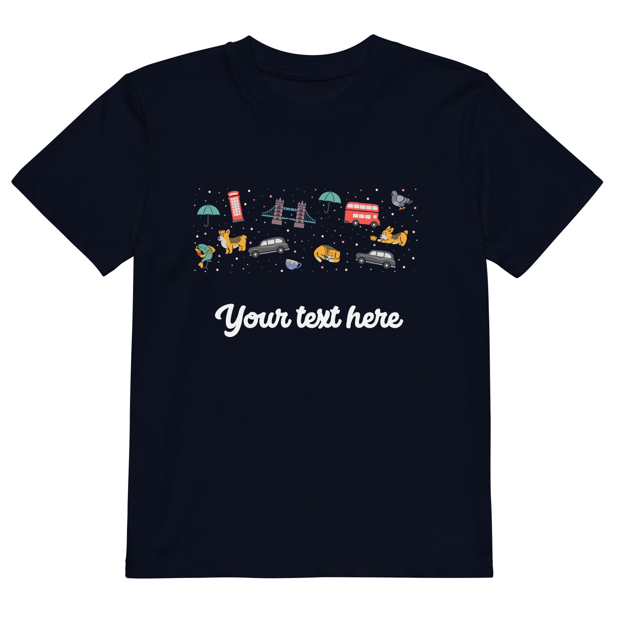 Personalised Custom Text - Organic Cotton Kids T-Shirt - London Doodles - Navy