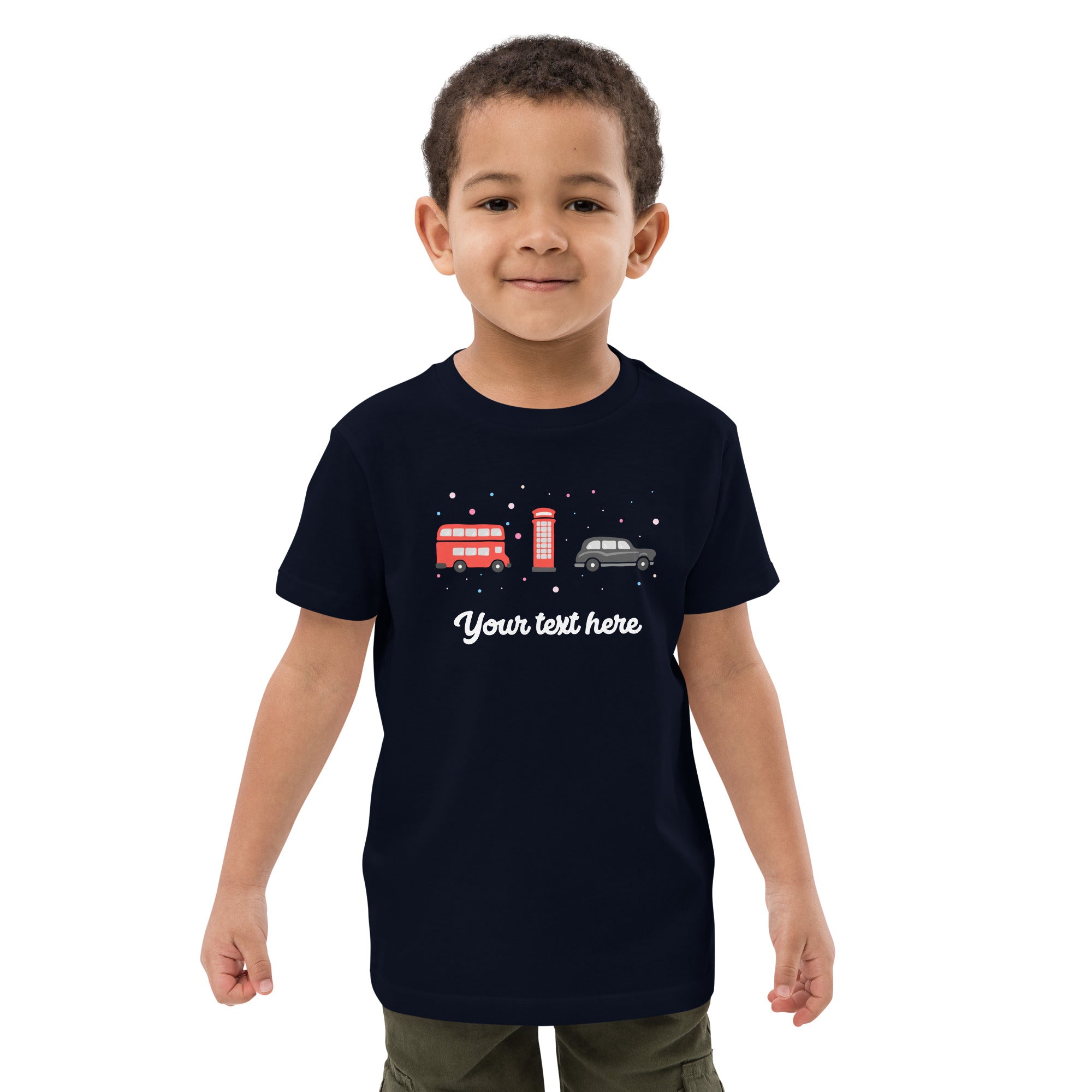 Personalised Custom Text - Organic Cotton Kids T-Shirt - London Doodles - Bus / Telephone / Taxi - Navy 2