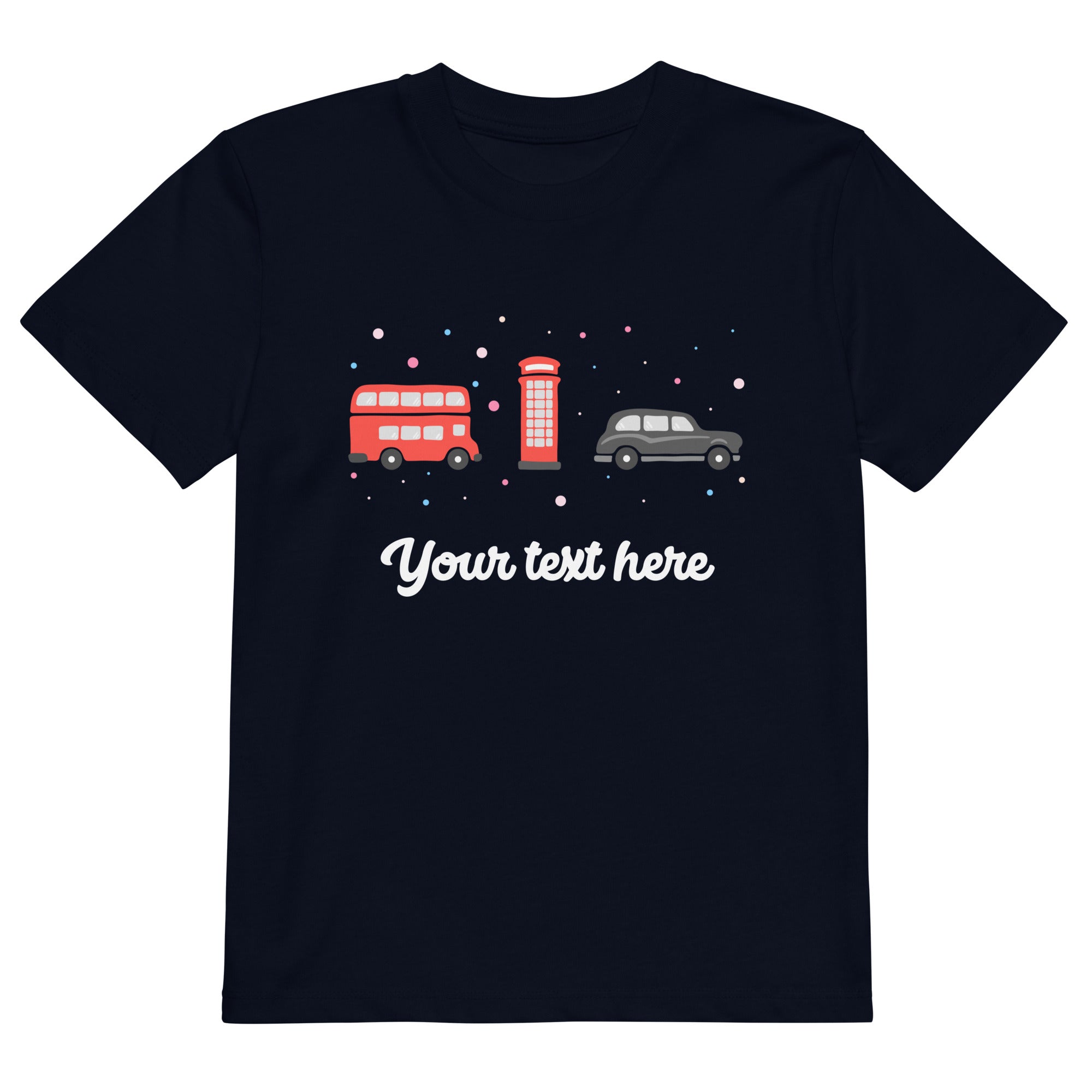 Personalised Custom Text - Organic Cotton Kids T-Shirt - London Doodles - Bus / Telephone / Taxi - Navy 1