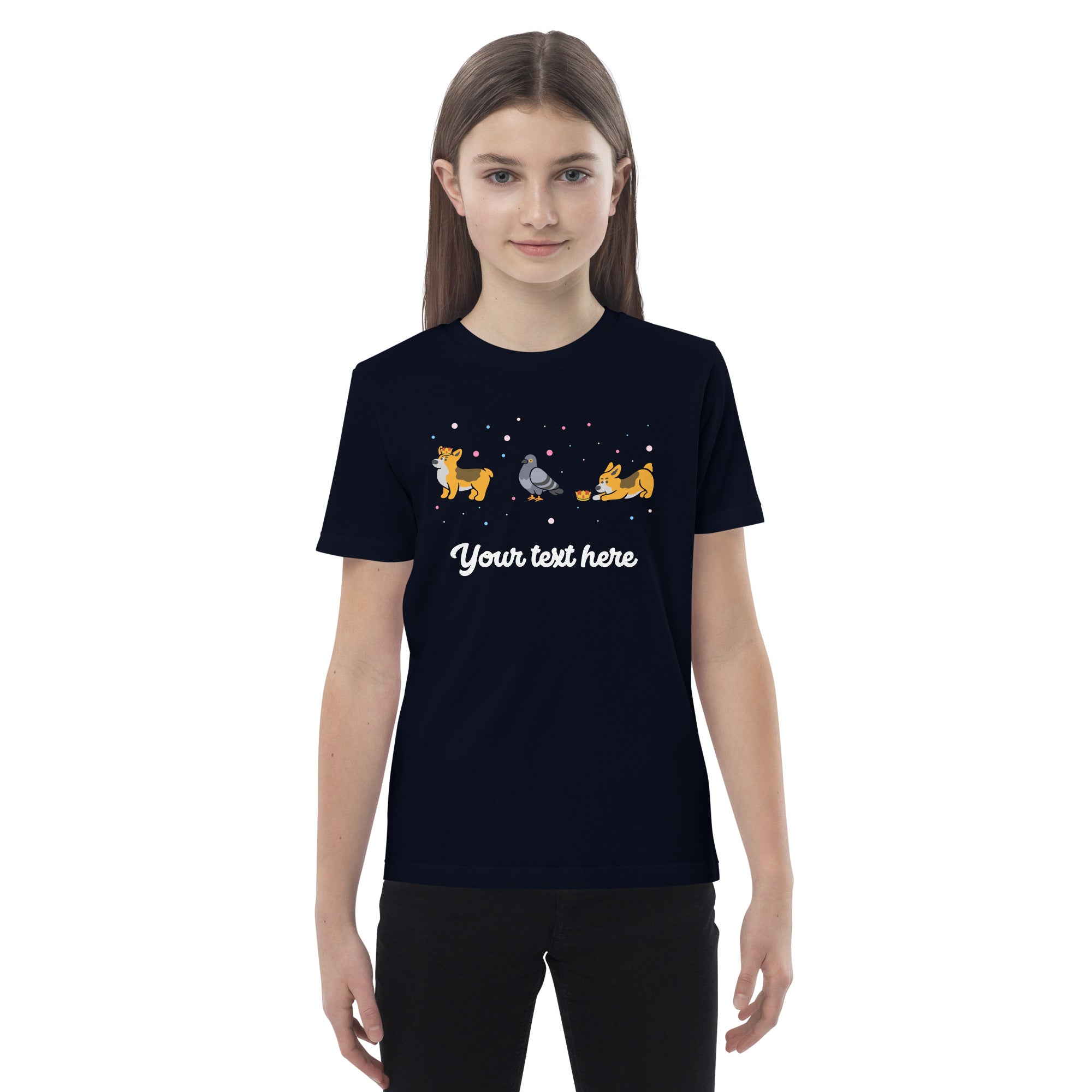 Personalised Custom Text - Organic Cotton Kids T-Shirt - London Doodles - Pigeons & Corgis - Navy 3