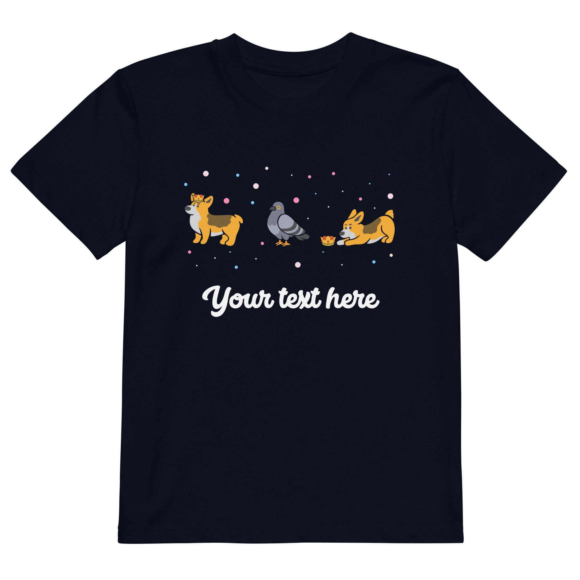 Personalised Custom Text - Organic Cotton Kids T-Shirt - London Doodles - Pigeons & Corgis - Navy 1