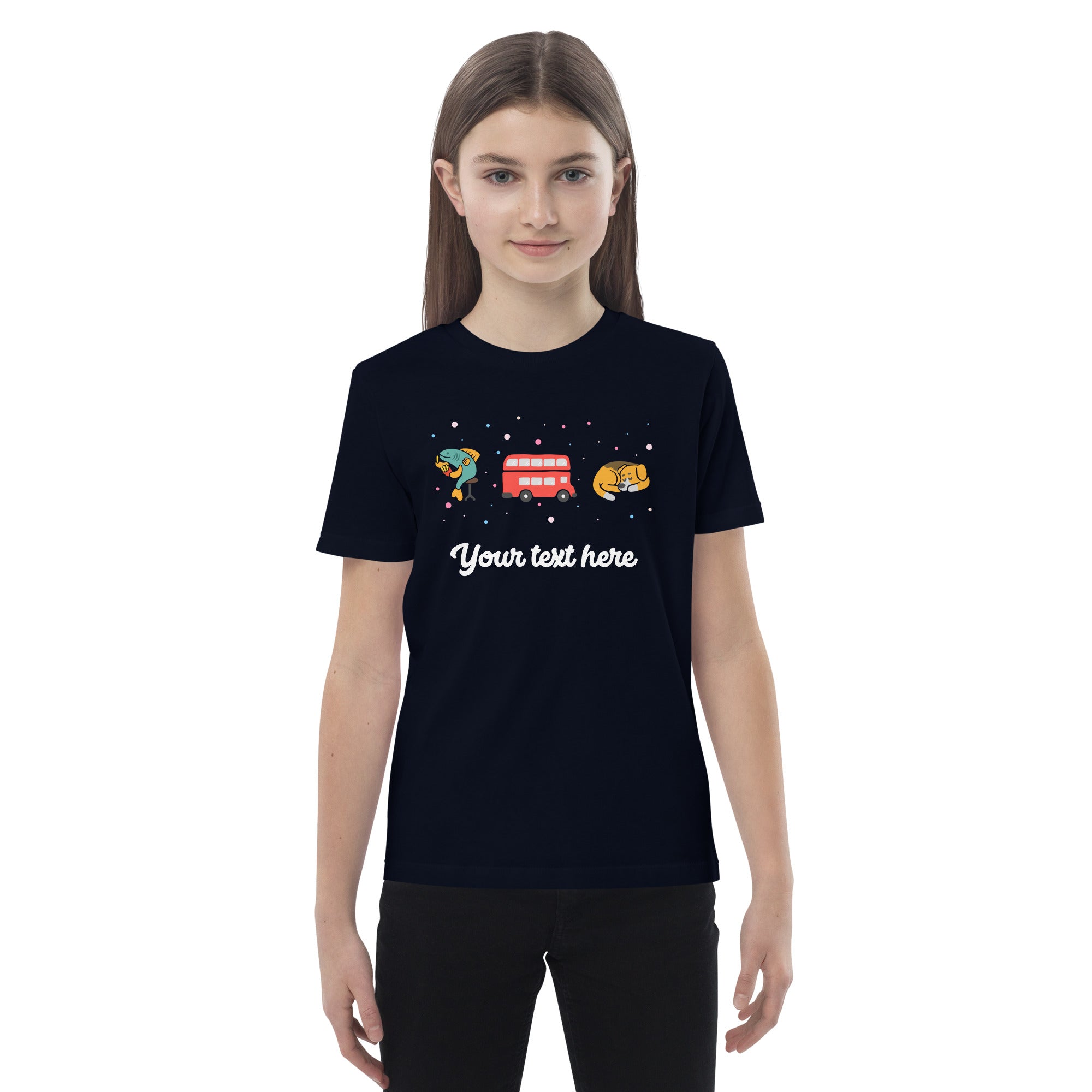 Personalised Custom Text - Organic Cotton Kids T-Shirt - London Doodles - Fish & Chips / Bus / Corgi - Navy 2