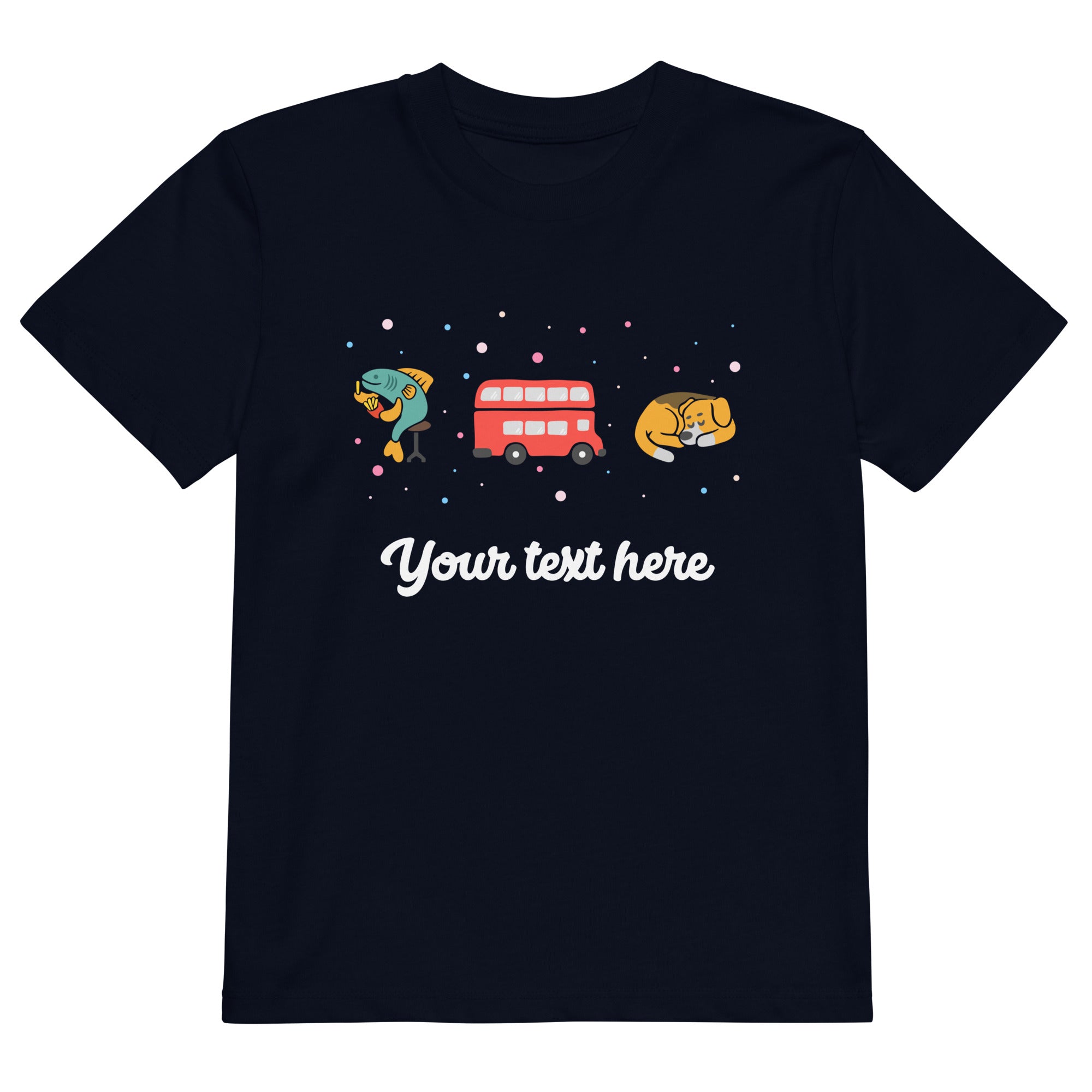 Personalised Custom Text - Organic Cotton Kids T-Shirt - London Doodles - Fish & Chips / Bus / Corgi - Navy 3