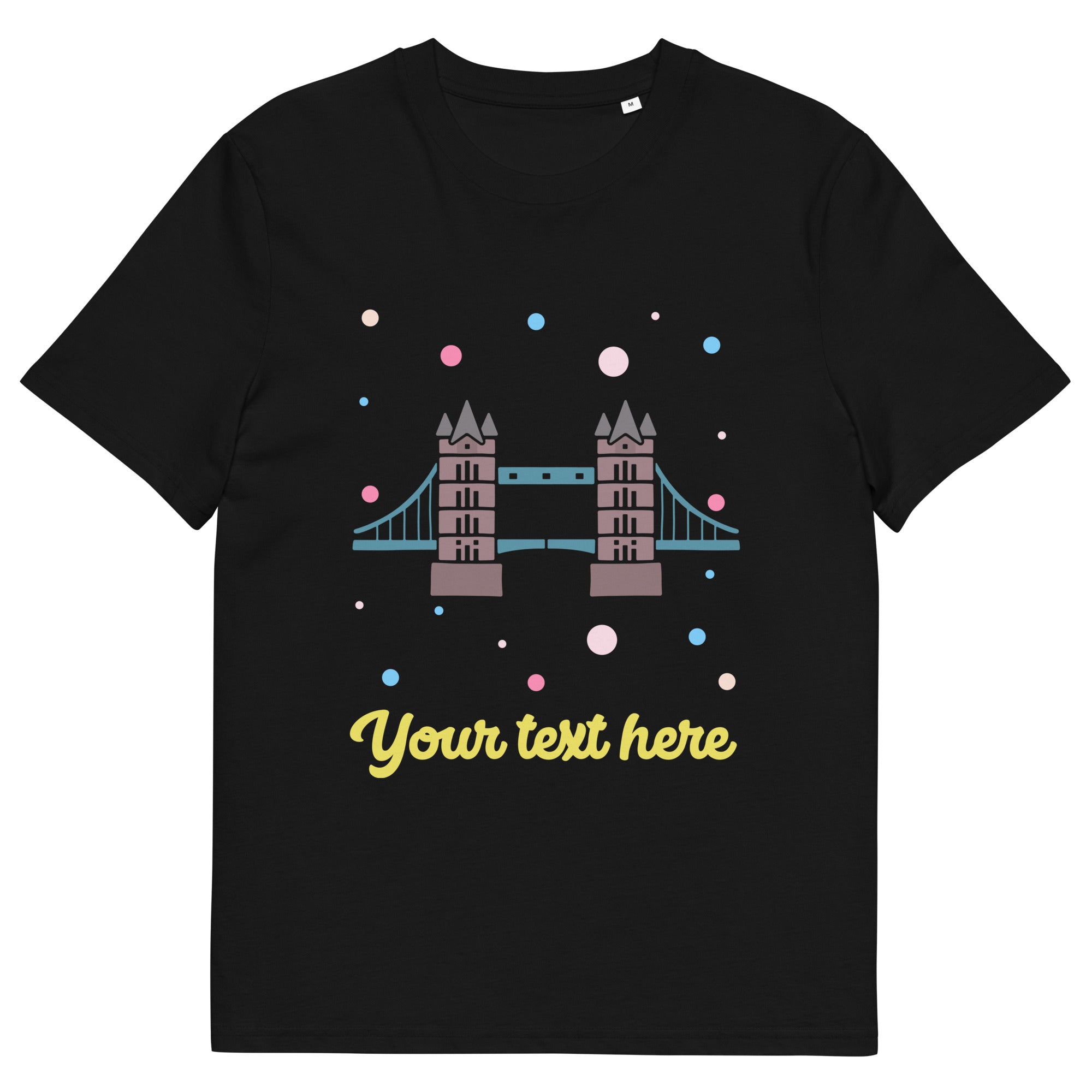 Personalised Custom Text - Organic Cotton Adults Unisex T-Shirt - London Doodles - Tower Bridge - Black
