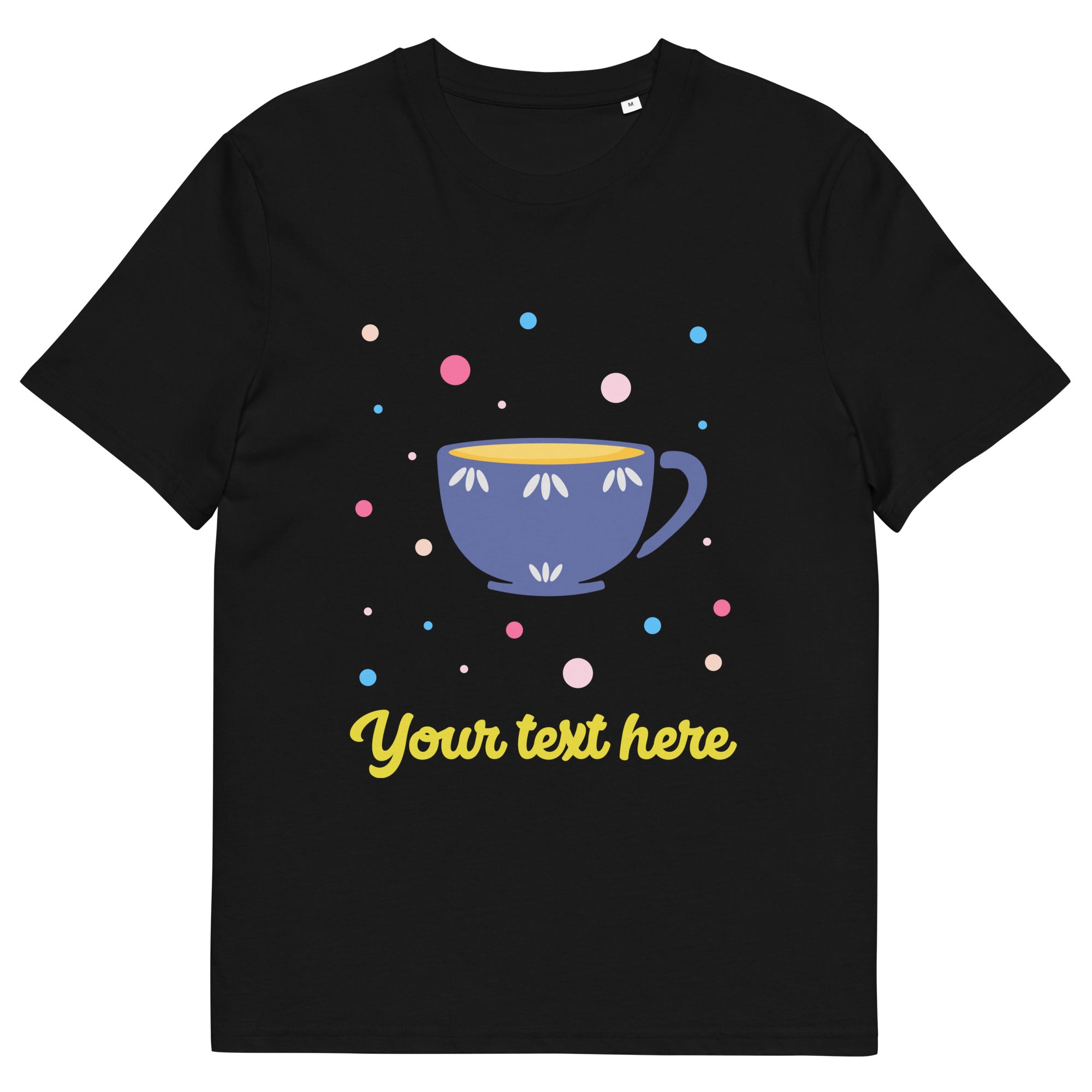 Personalised Custom Text - Organic Cotton Adults Unisex T-Shirt - London Doodles - Cup Of Tea - Black