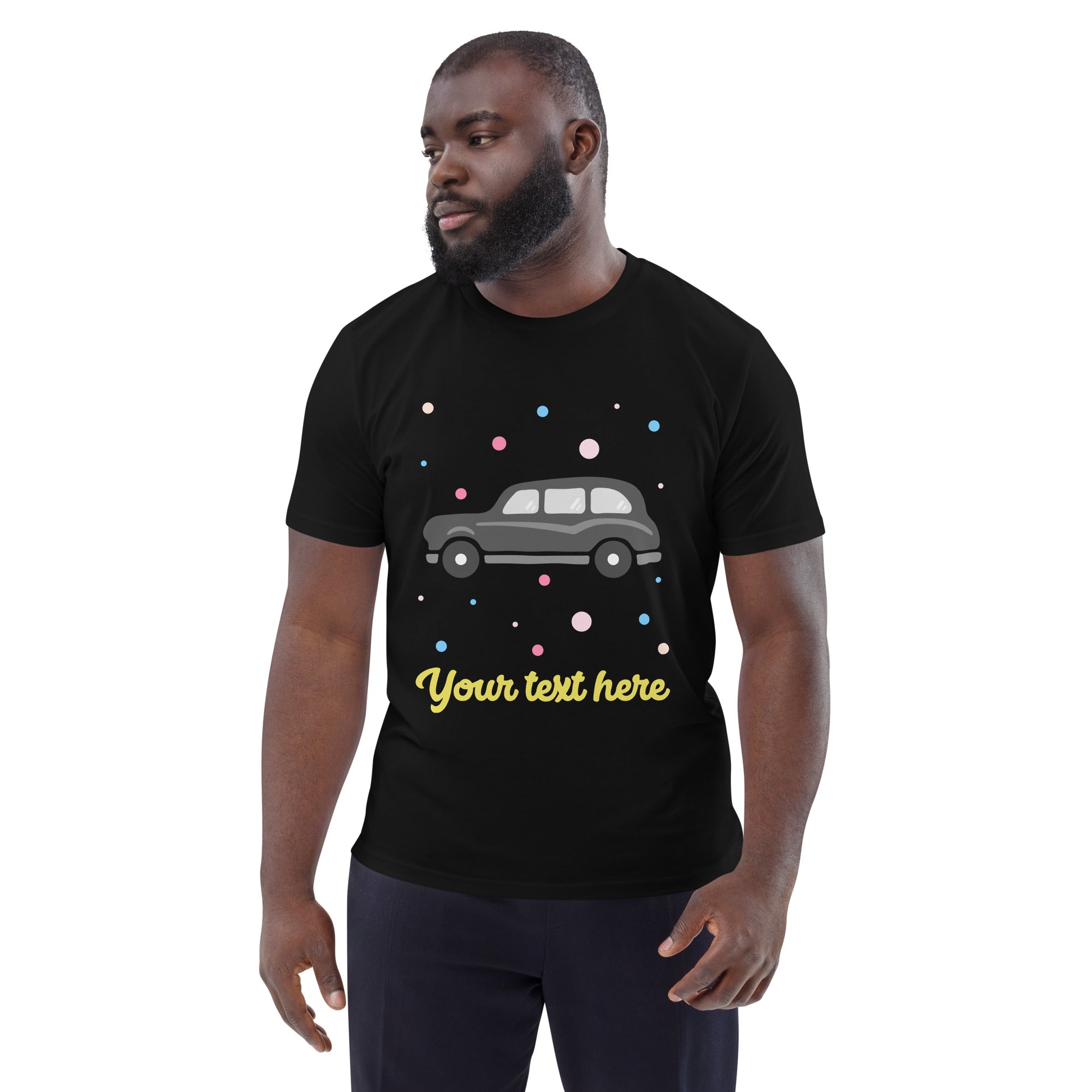 Personalised Custom Text - Organic Cotton Adults Unisex T-Shirt - London Doodles - Black Taxi - Black 2