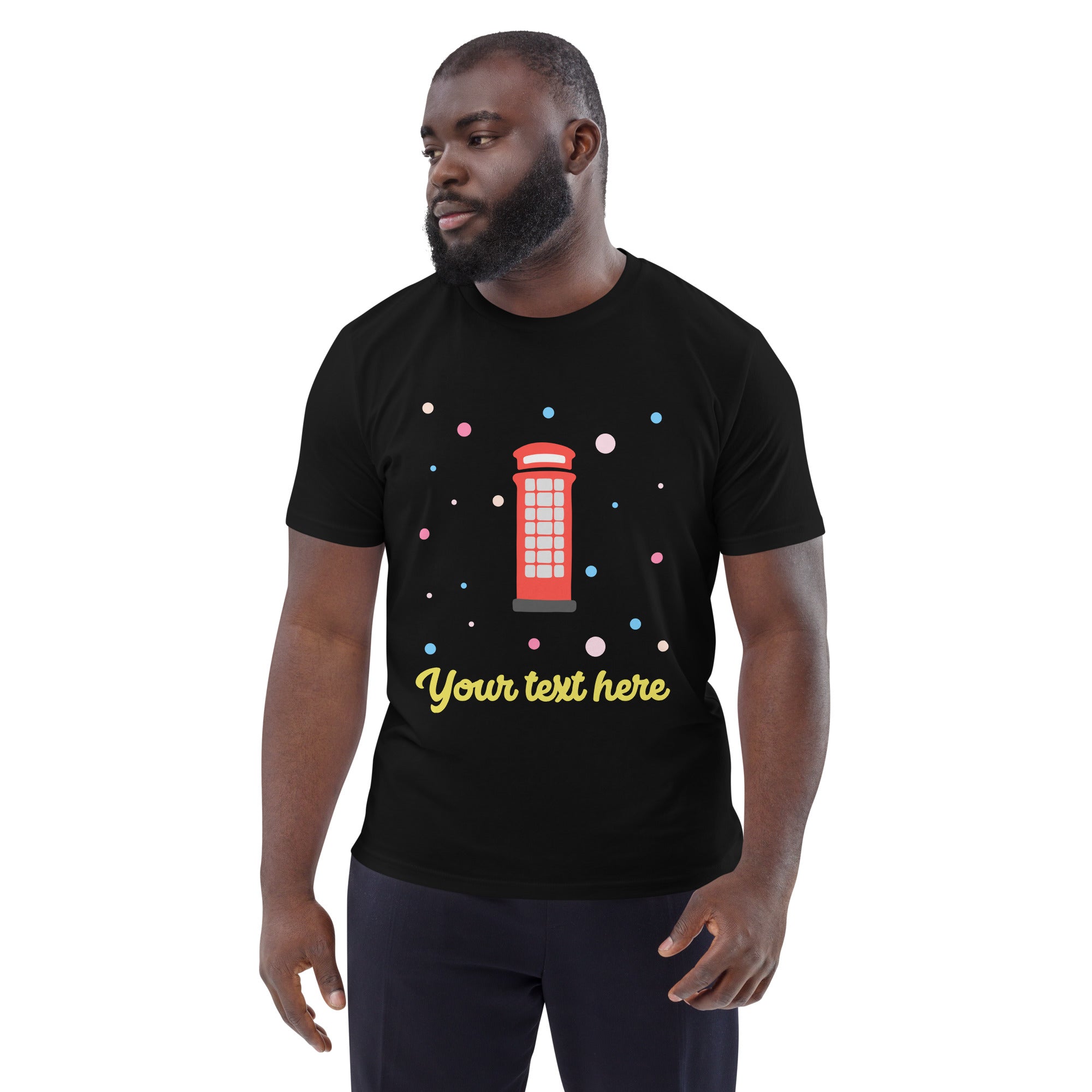 Personalised Custom Text - Organic Cotton Adults Unisex T-Shirt - London Doodles - Telephone Box - Black 2