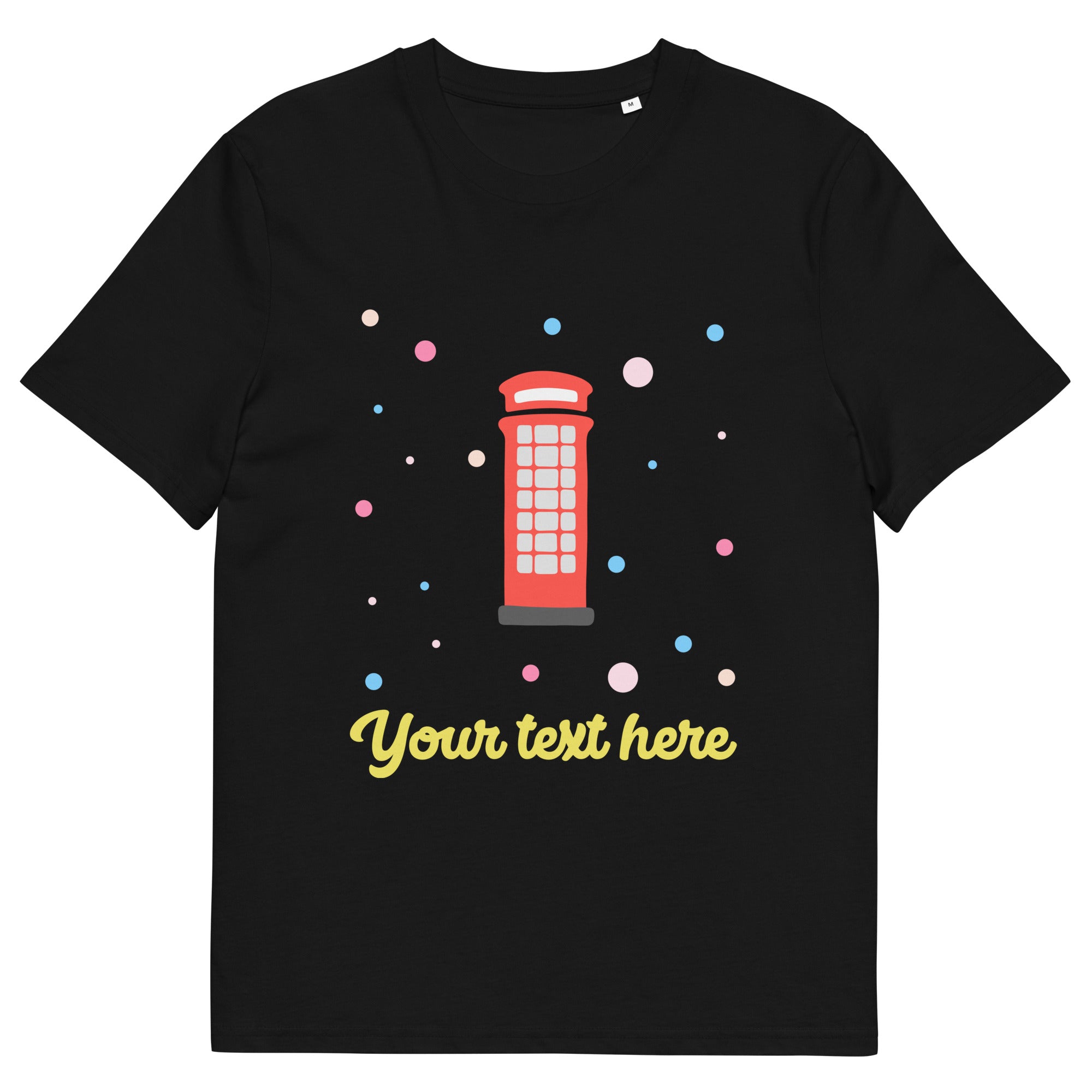 Personalised Custom Text - Organic Cotton Adults Unisex T-Shirt - London Doodles - Telephone Box - Black