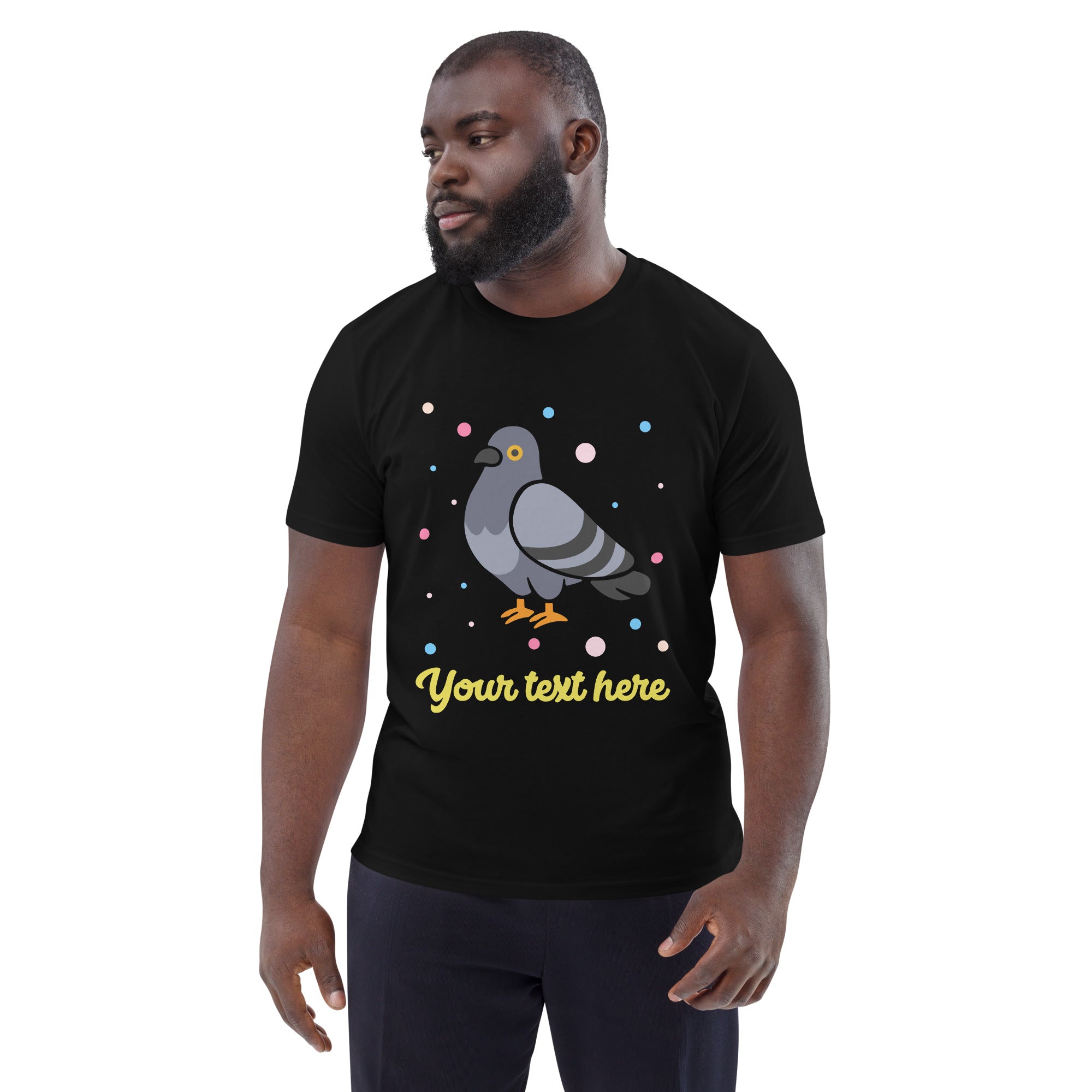 Personalised Custom Text - Organic Cotton Adults Unisex T-Shirt - London Doodles - Pigeon - Black 2