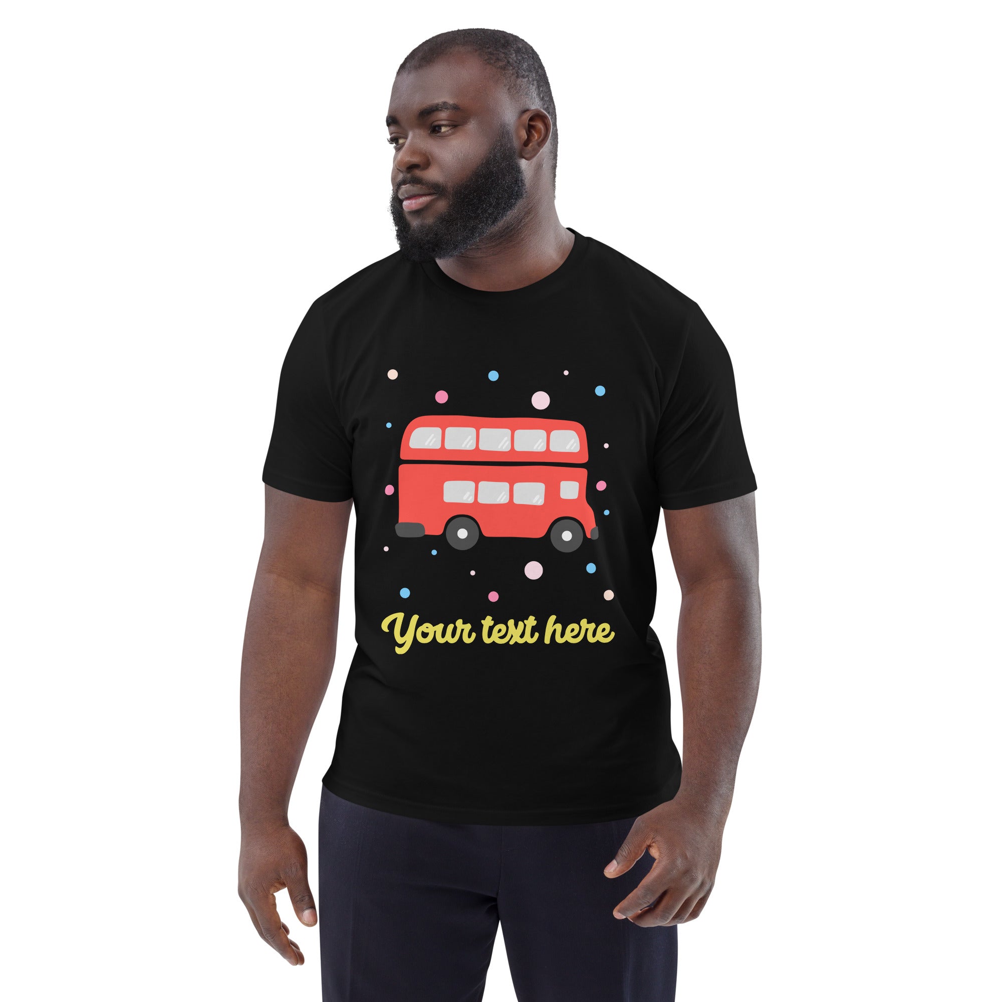 Personalised Custom Text - Organic Cotton Adults Unisex T-Shirt - London Doodles - Red Bus - Black 2