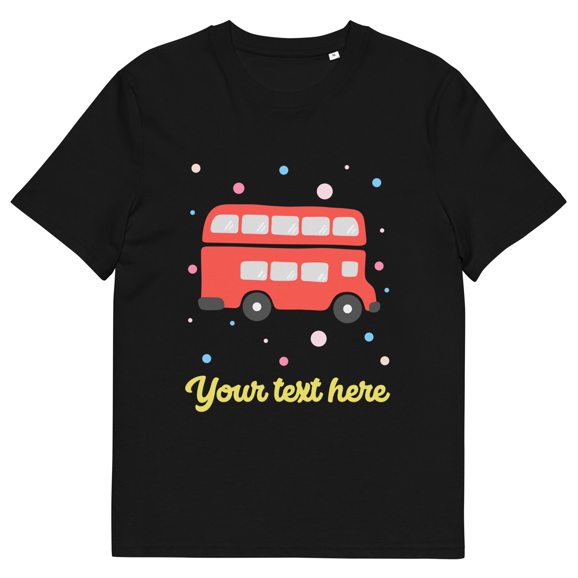Personalised Custom Text - Organic Cotton Adults Unisex T-Shirt - London Doodles - Red Bus - Black