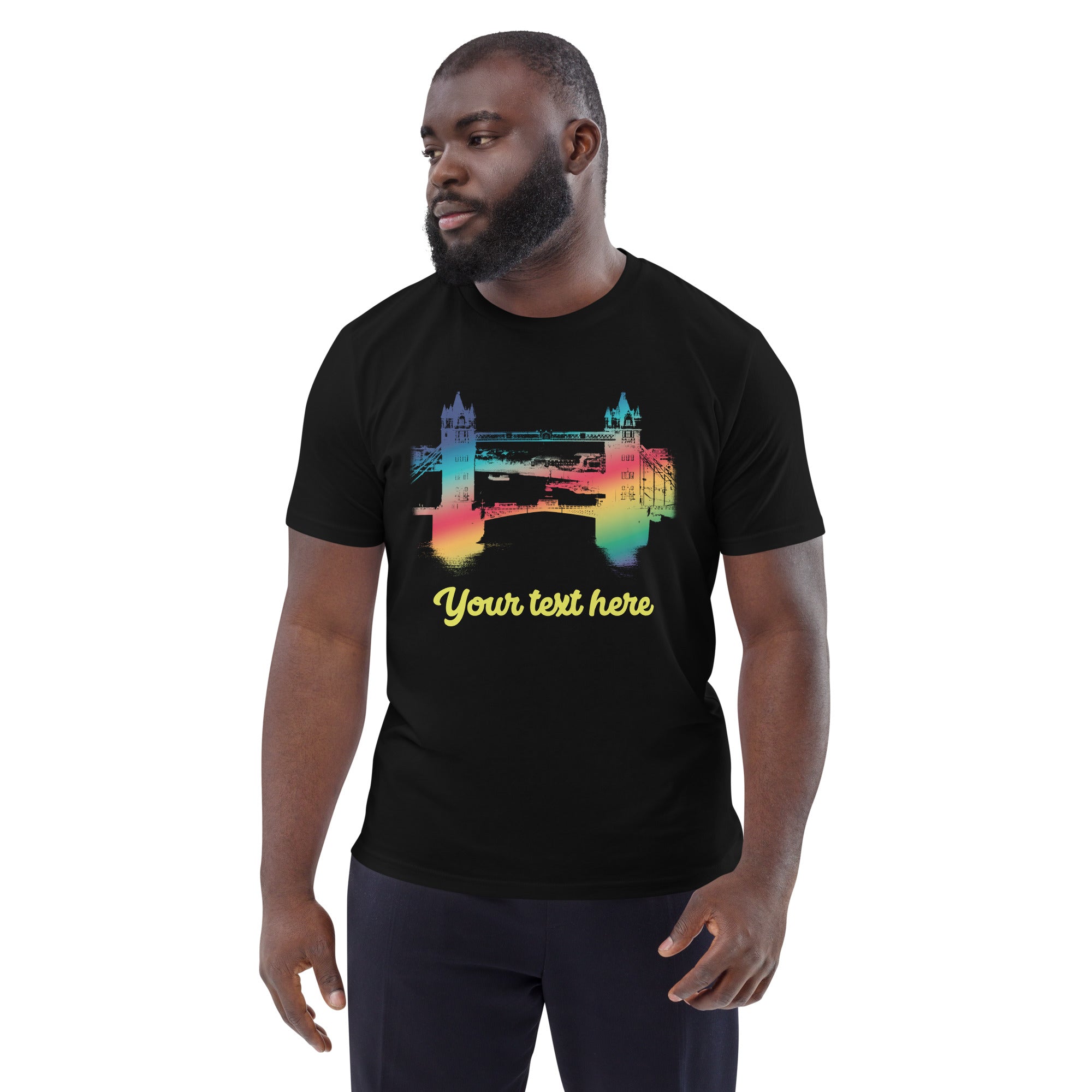 Personalised Custom Text Tower Bridge Rainbow Organic Cotton T Shirt