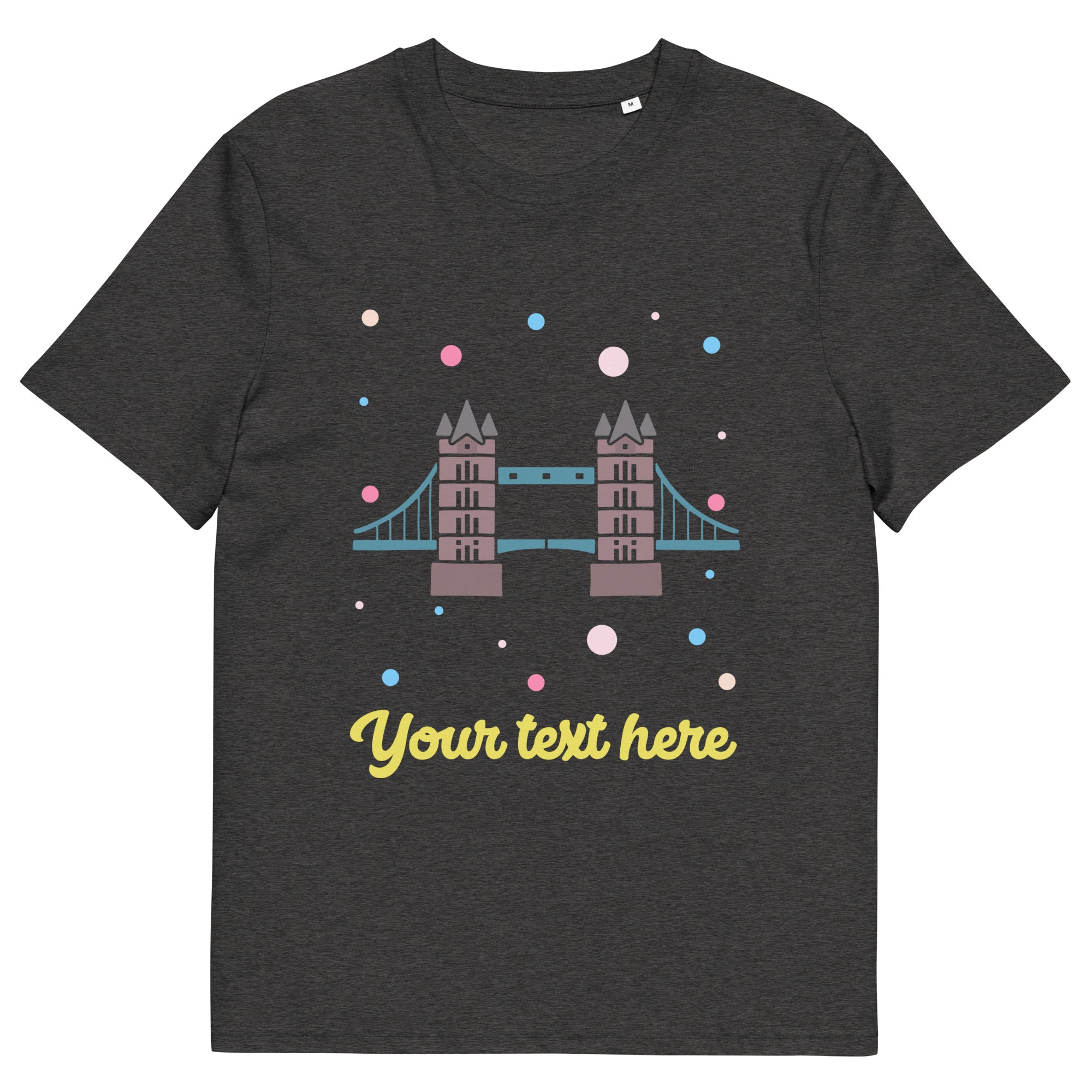 Personalised Custom Text - Organic Cotton Adults Unisex T-Shirt - London Doodles - Tower Bridge -  Dark Grey