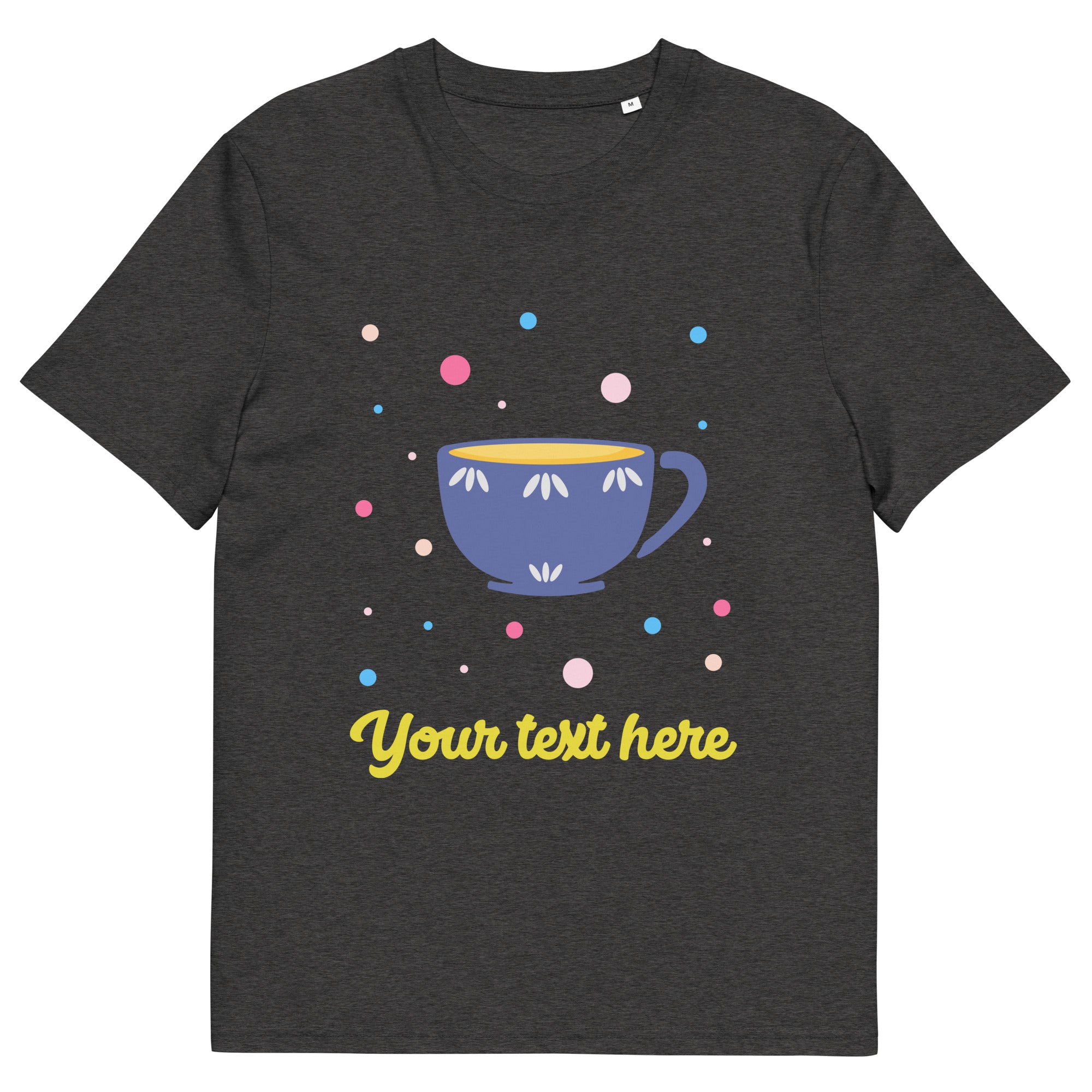 Personalised Custom Text - Organic Cotton Adults Unisex T-Shirt - London Doodles - Cup Of Tea - Dark Grey