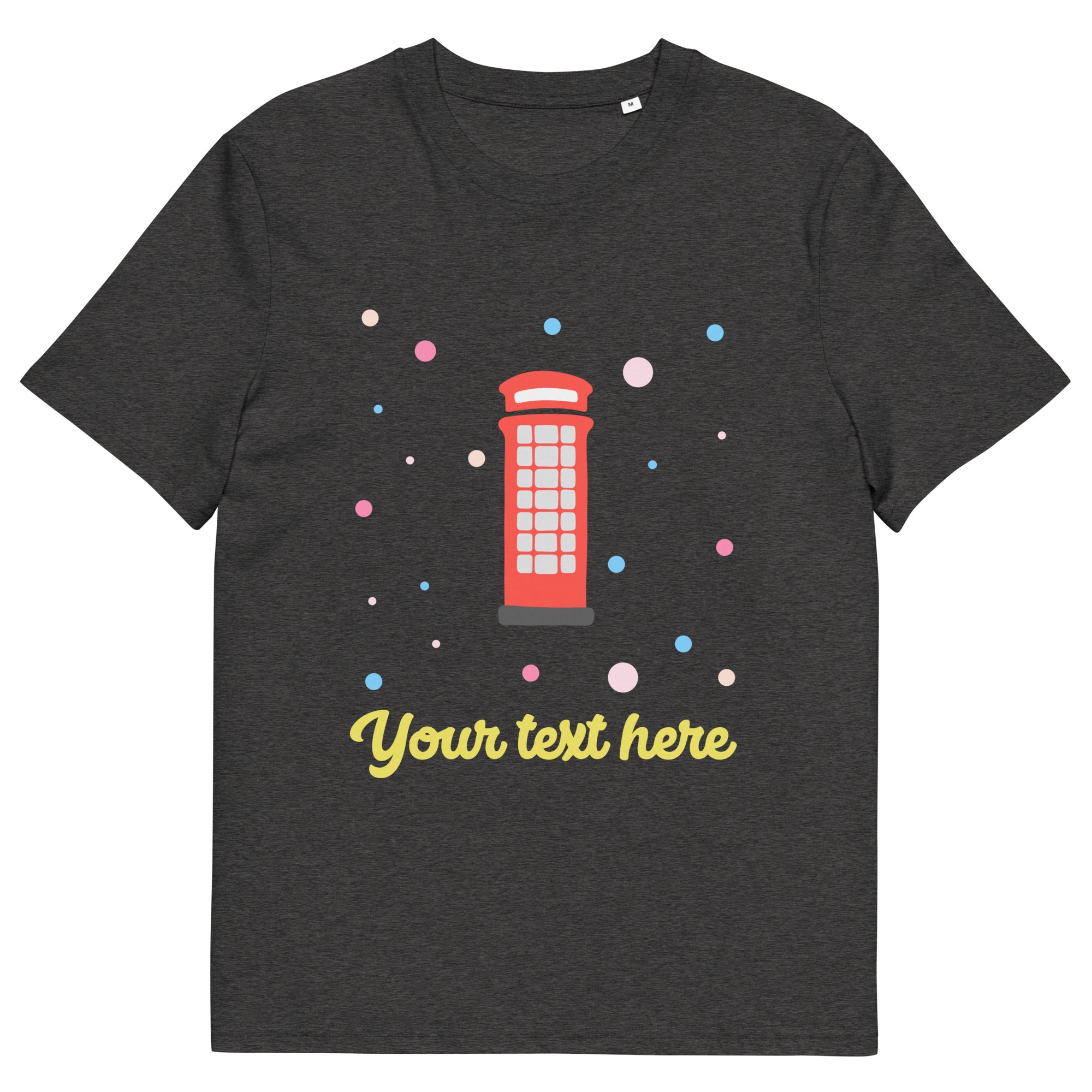 Personalised Custom Text - Organic Cotton Adults Unisex T-Shirt - London Doodles - Telephone Box - Dark Grey