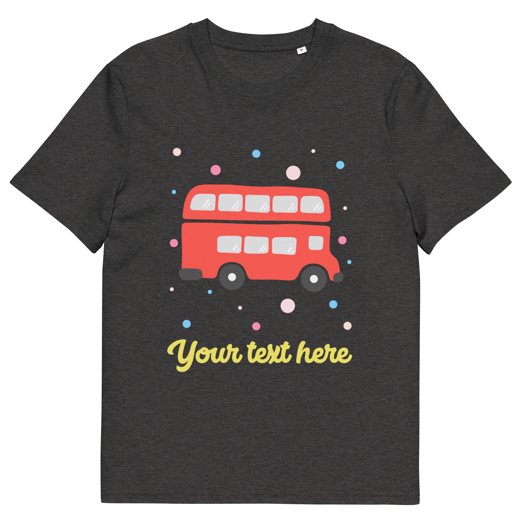 Personalised Custom Text - Organic Cotton Adults Unisex T-Shirt - London Doodles - Red Bus - Dark Grey