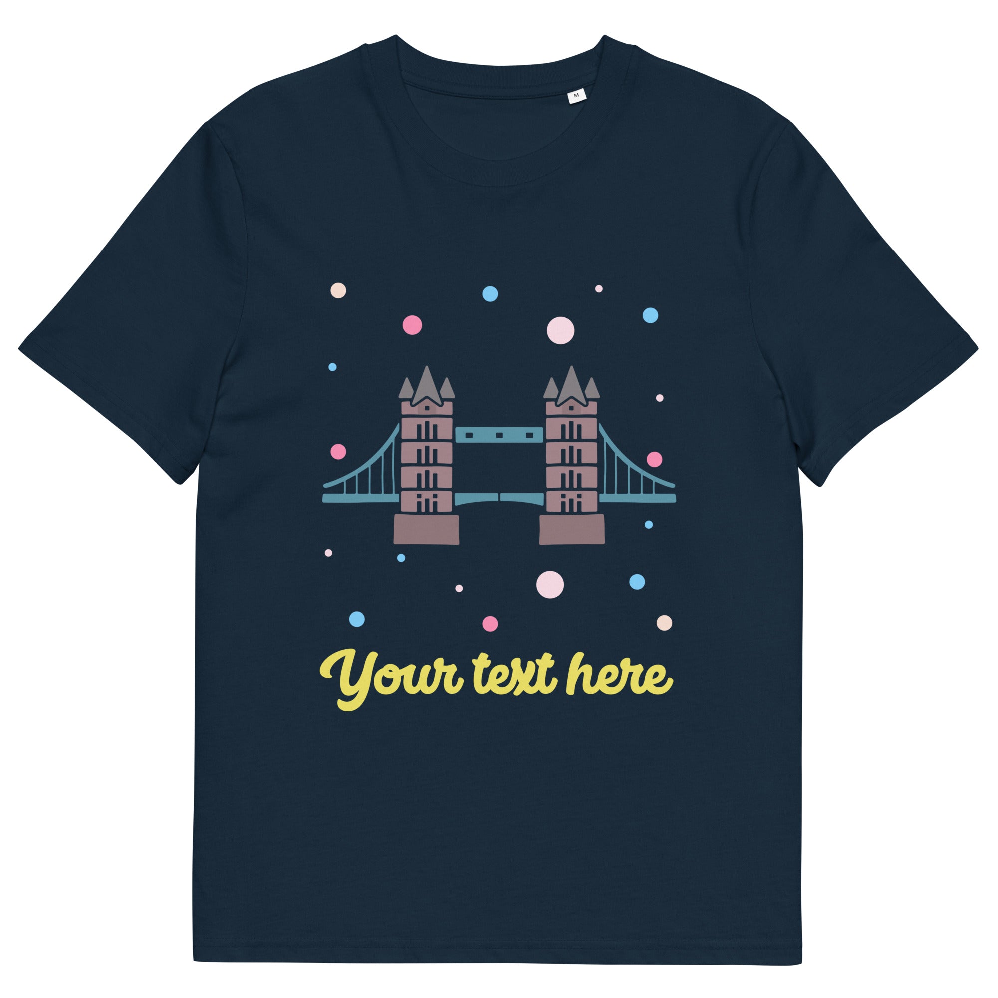 Personalised Custom Text - Organic Cotton Adults Unisex T-Shirt - London Doodles - Tower Bridge - Navy